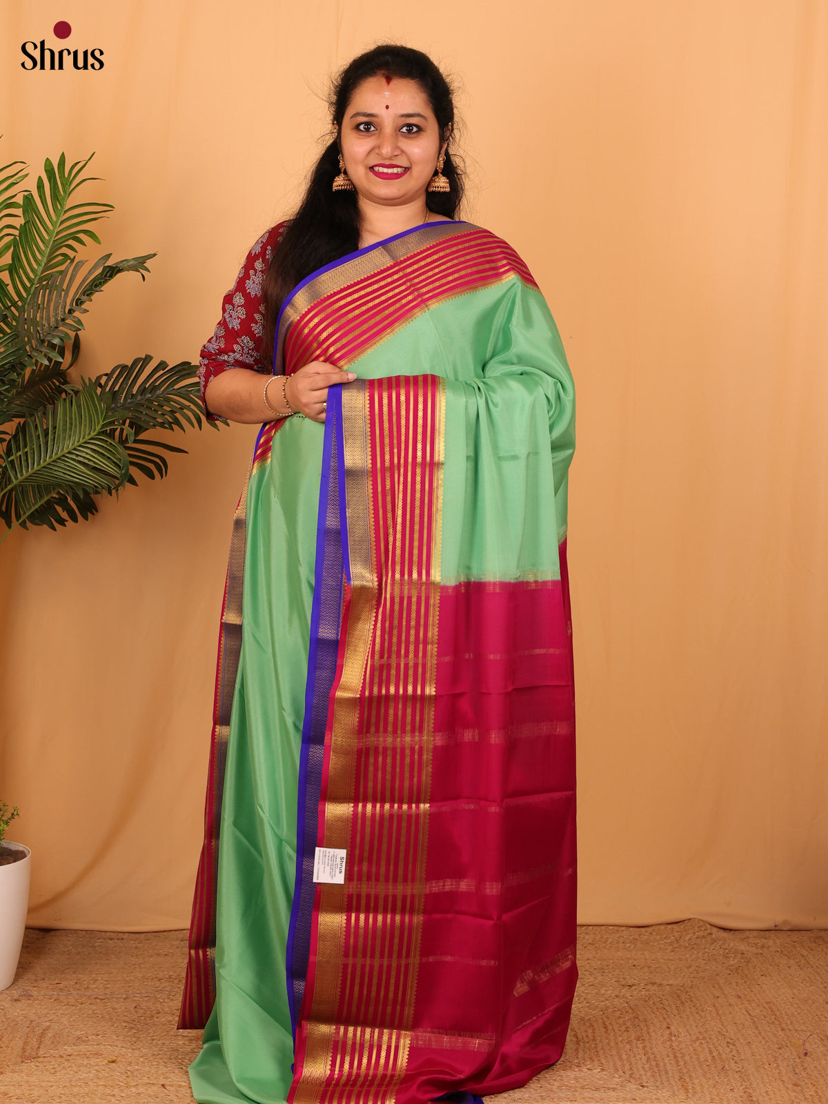 Pastel Green & Maroon- Mysore Silk Saree - Shop on Shrus.com