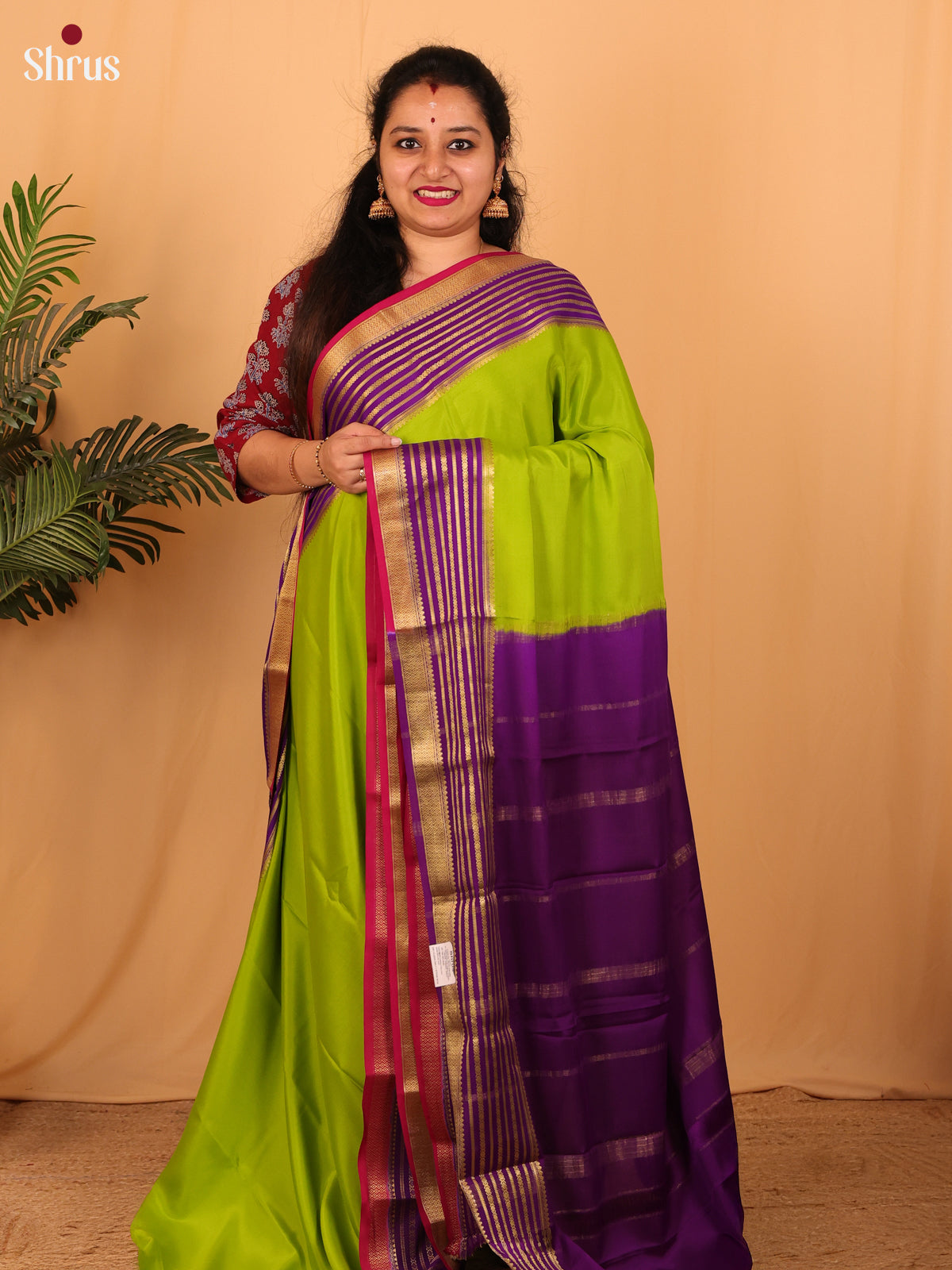 Parrot Green & Violet - Mysore Silk Saree - Shop on Shrus.com