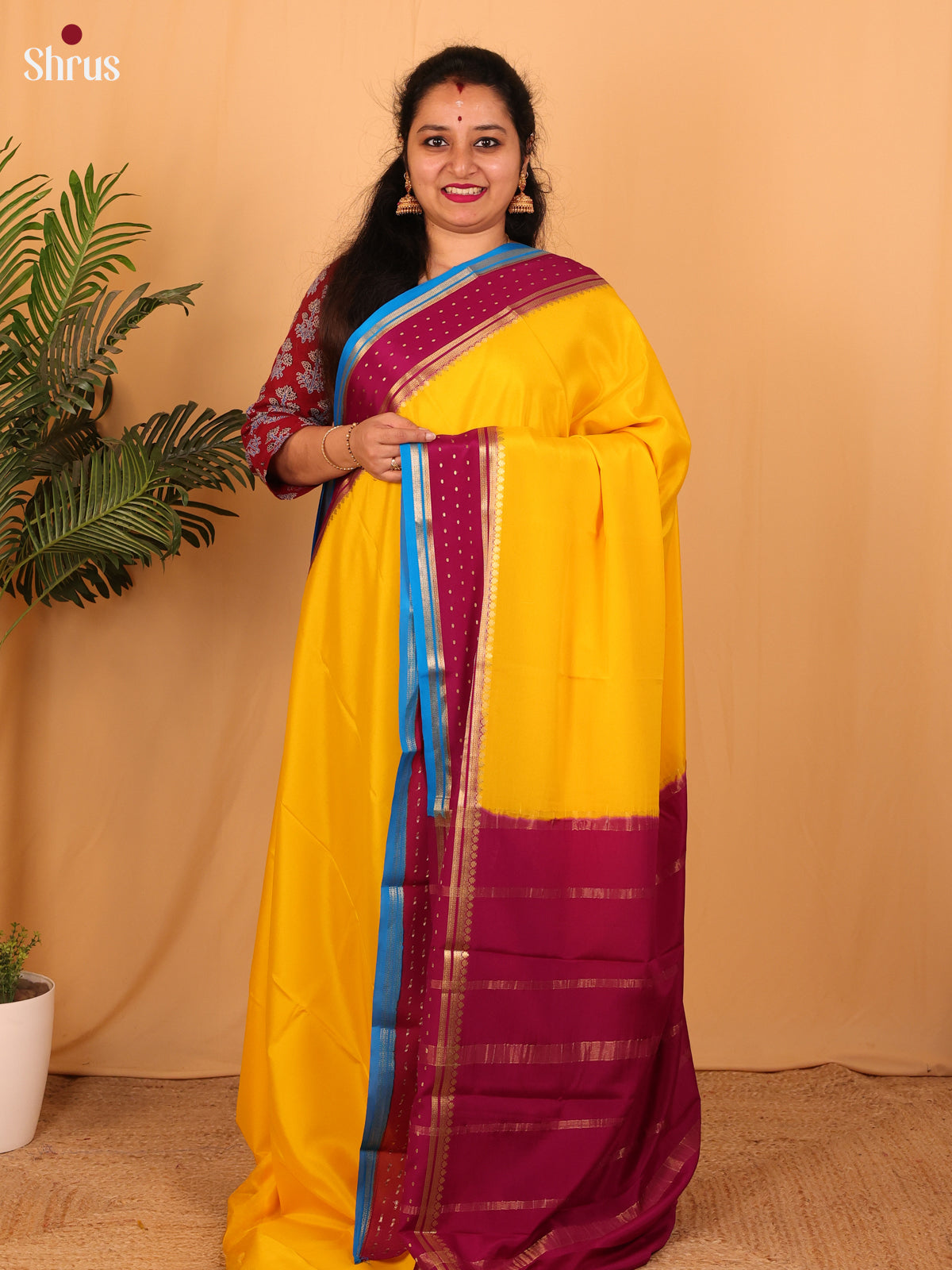Yellow & Maroon - Mysore Silk Saree - Shop on Shrus.com