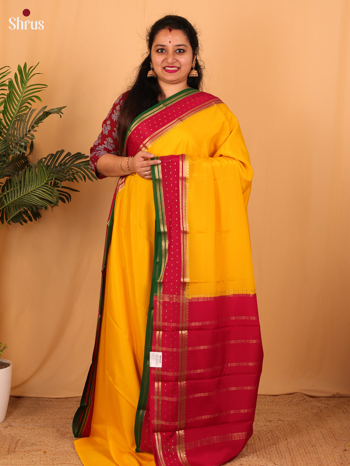 Yellow & Maroon - Mysore Silk Saree - Shop on Shrus.com