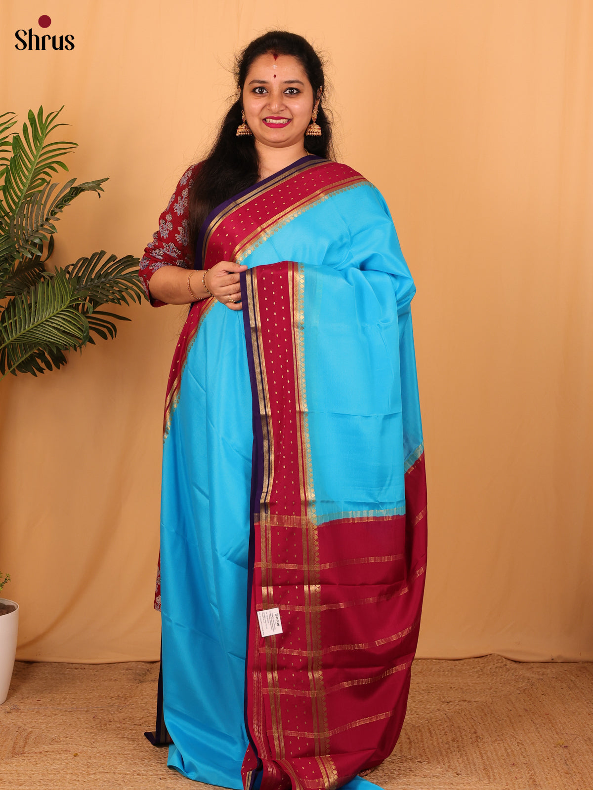 Blue & Maroon- Mysore Silk Saree - Shop on Shrus.com