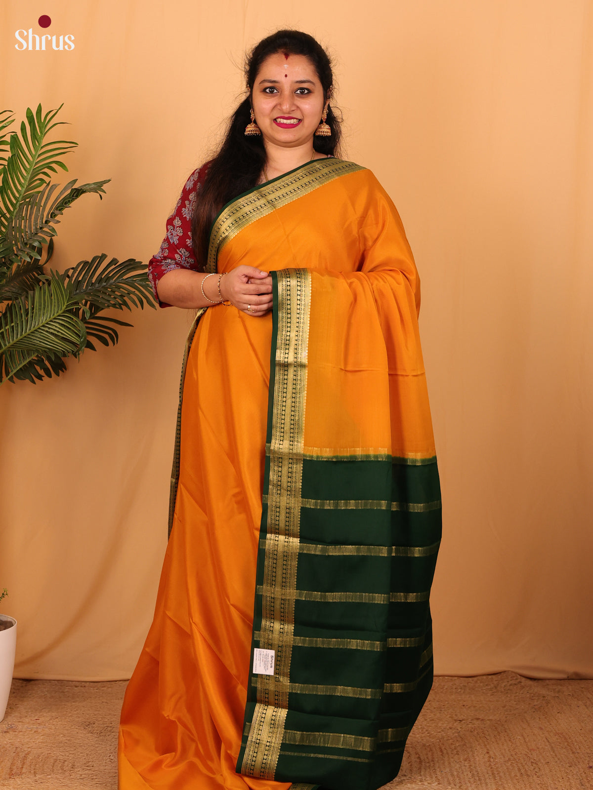 Orange & Green- Mysore Silk Saree - Shop on Shrus.com