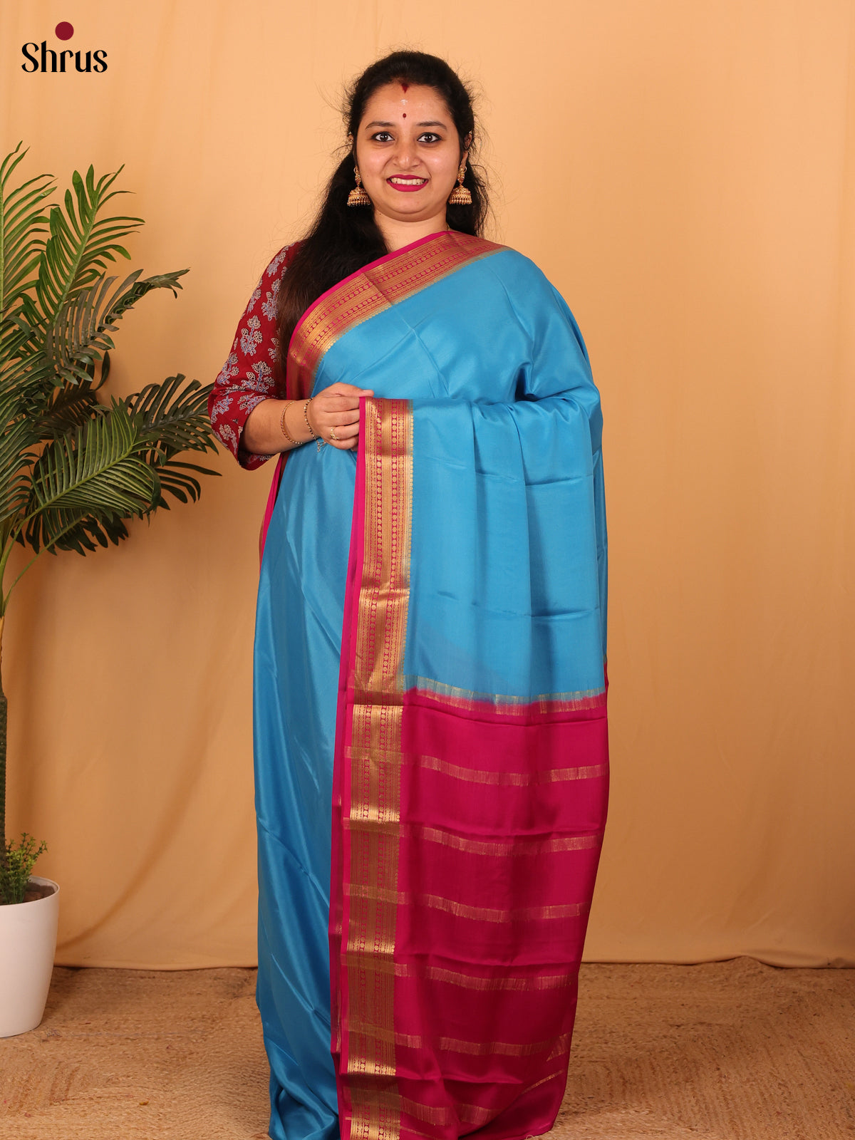 Blue & Majenta - Mysore Silk Saree - Shop on Shrus.com