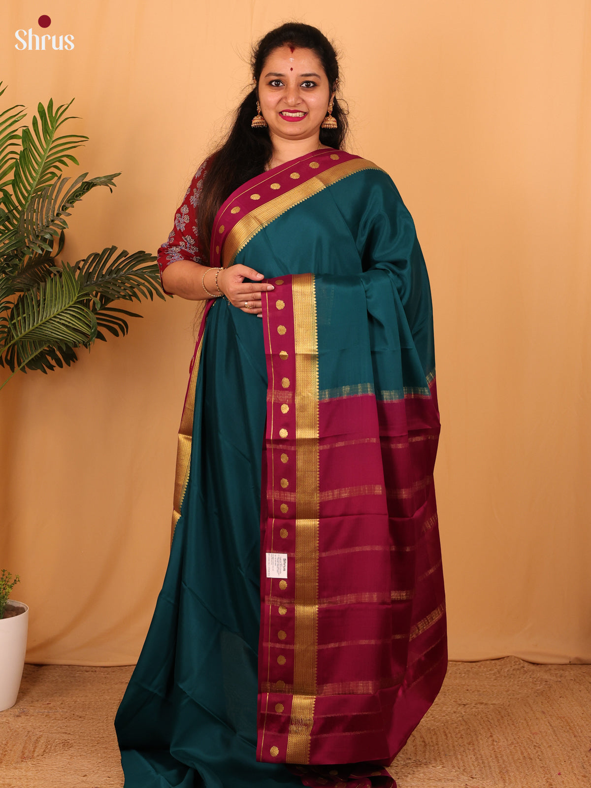 Peacock & Maroon - Mysore Silk Saree - Shop on Shrus.com