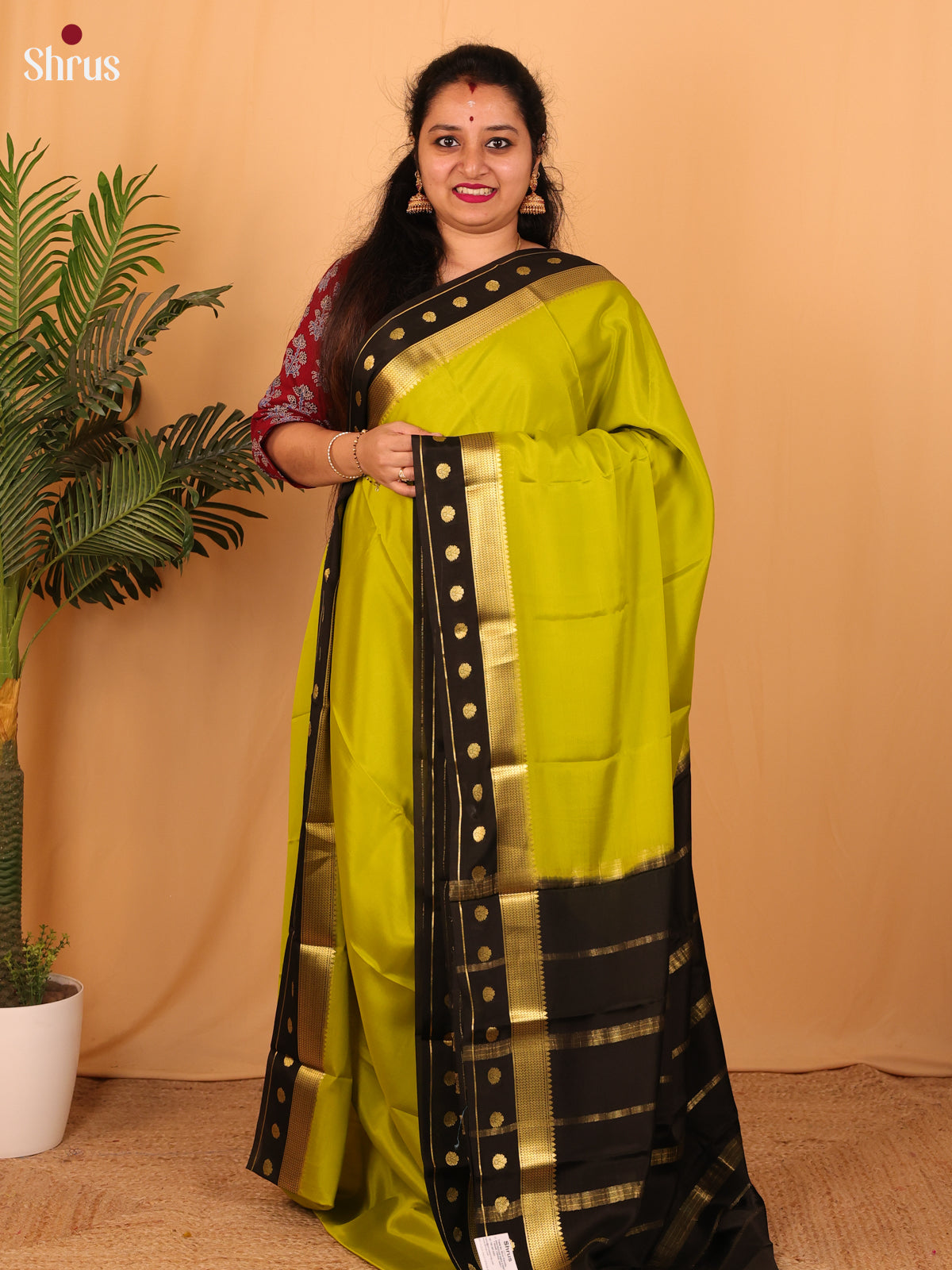 Lime Green & Black- Mysore Silk Saree - Shop on Shrus.com