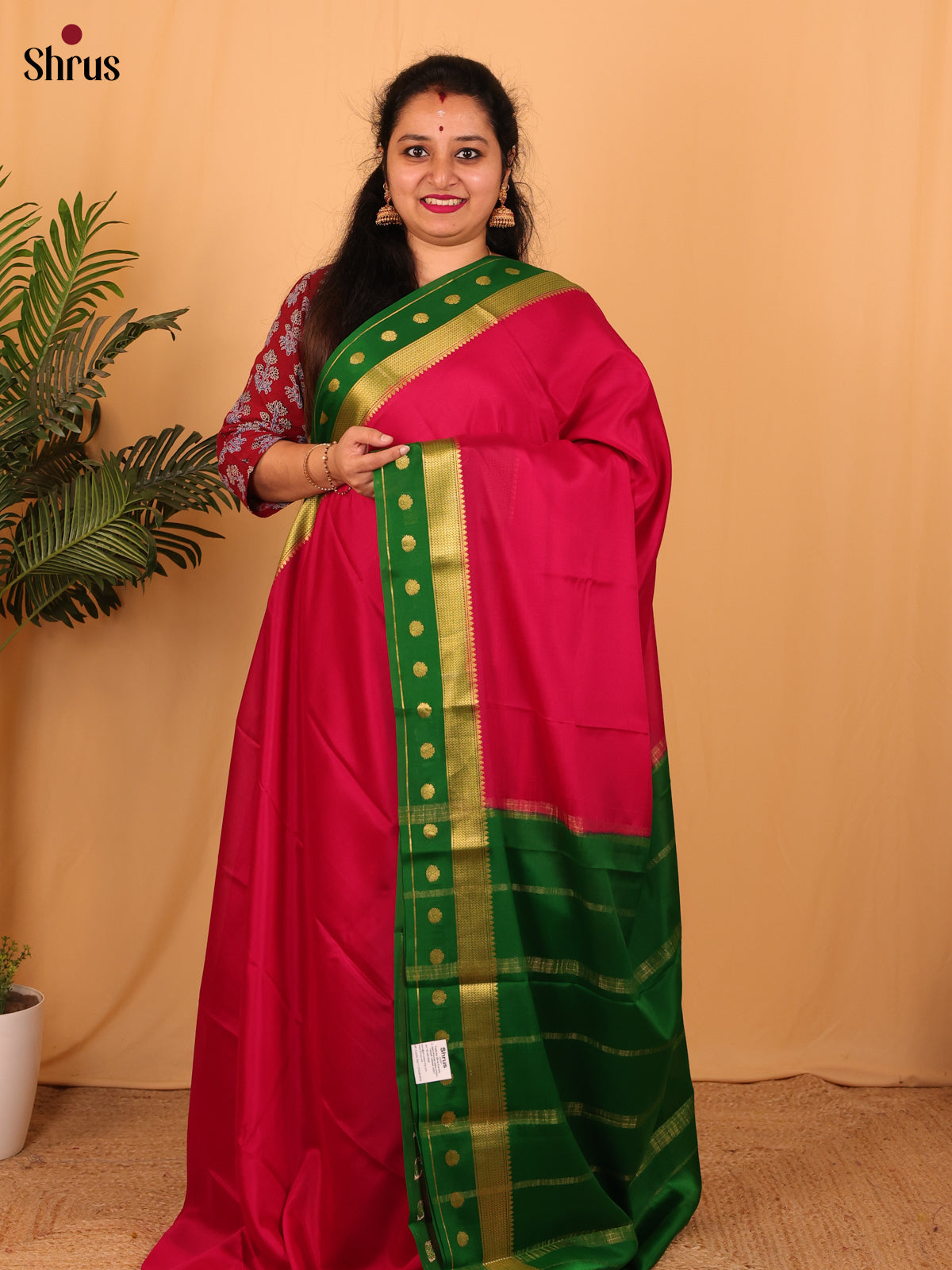Maroon & Green- Mysore Silk Saree - Shop on Shrus.com
