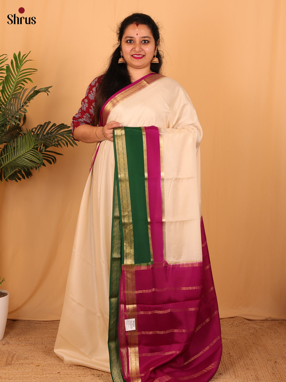 Cream & Majenta - Mysore Silk Saree - Shop on Shrus.com