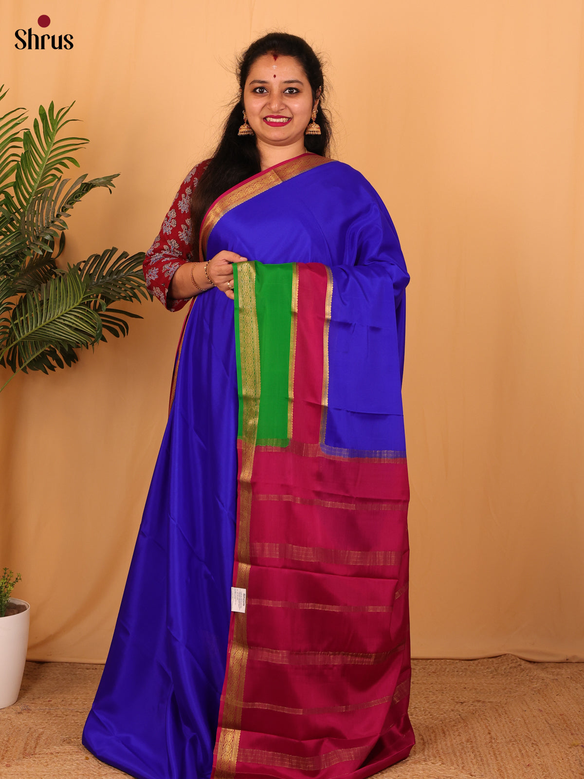 Blue & Maroon - Mysore Silk Saree - Shop on Shrus.com