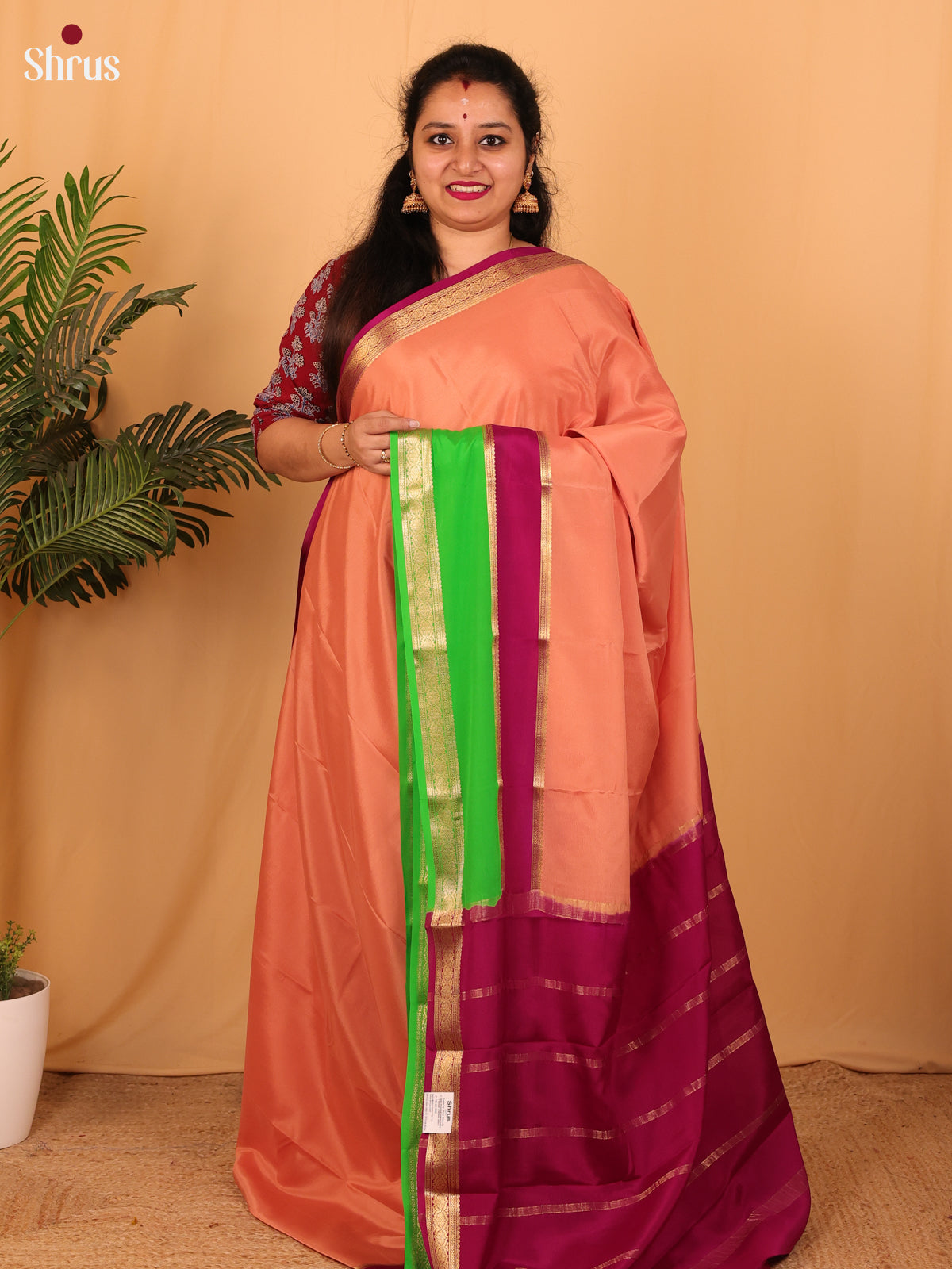 Peach & Majenta - Mysore Silk Saree - Shop on Shrus.com