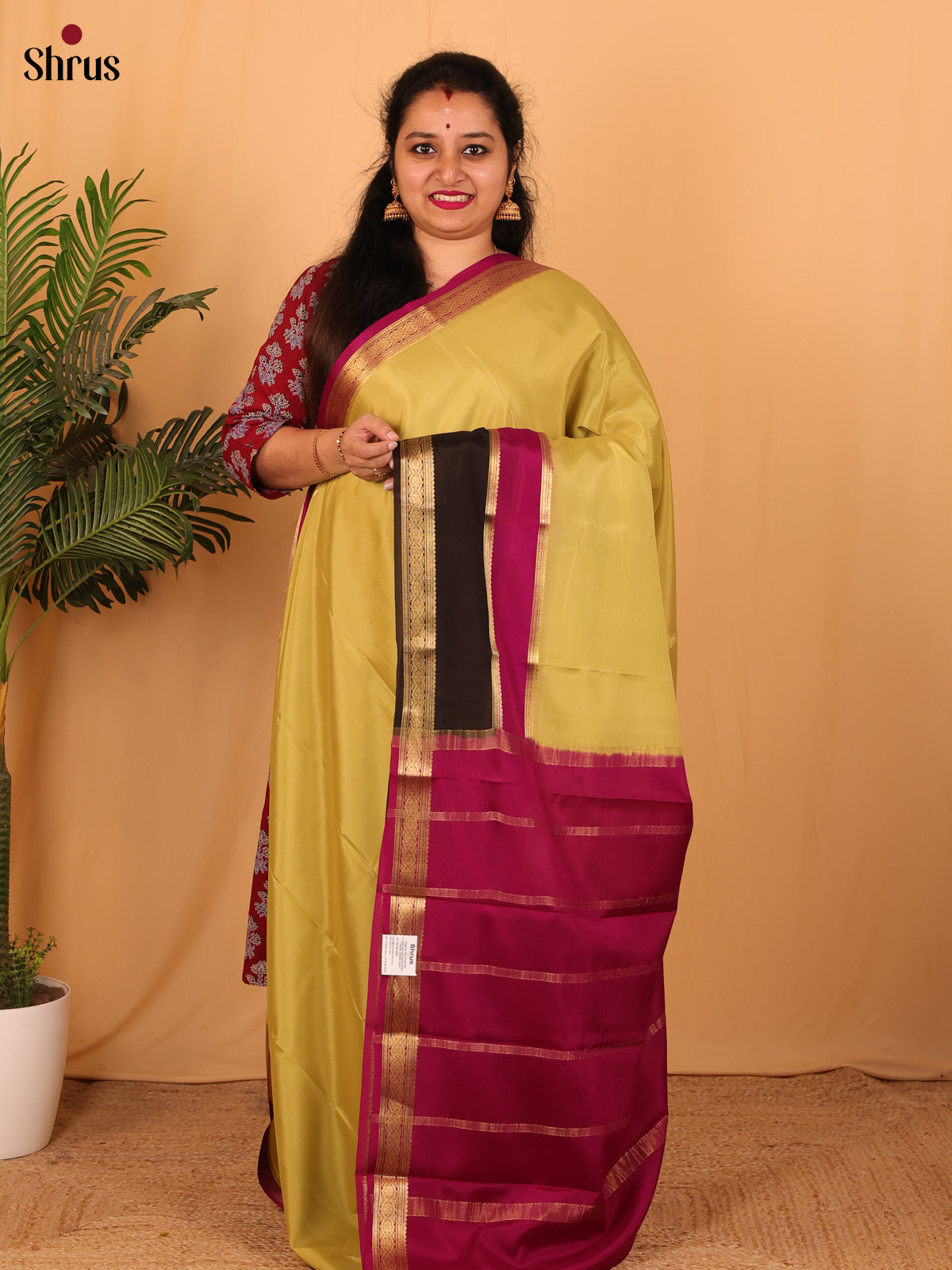 Pastel Green & Maroon - Mysore Silk Saree - Shop on Shrus.com