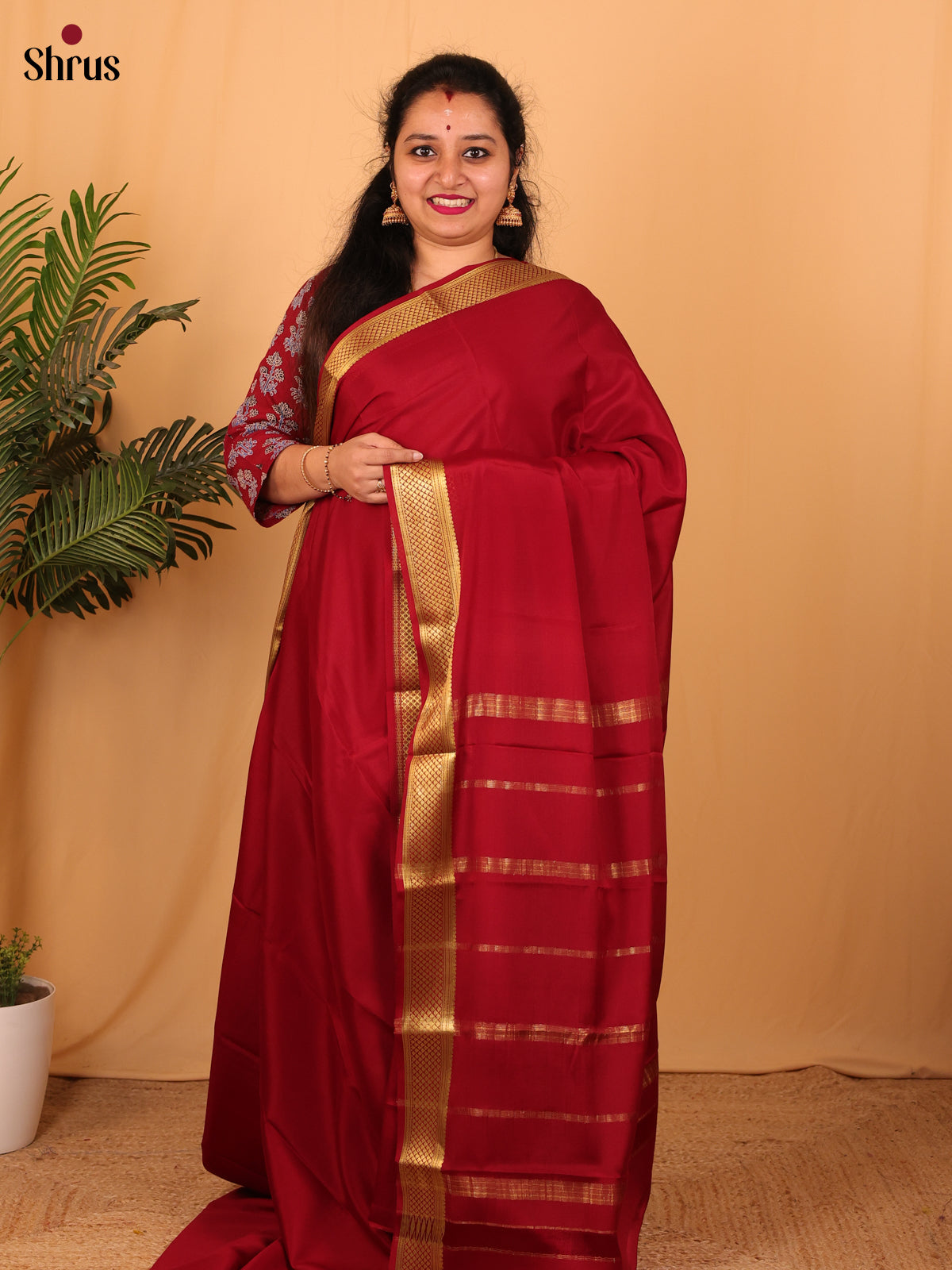 Maroon(Single Tone) - Mysore Silk Saree - Shop on Shrus.com