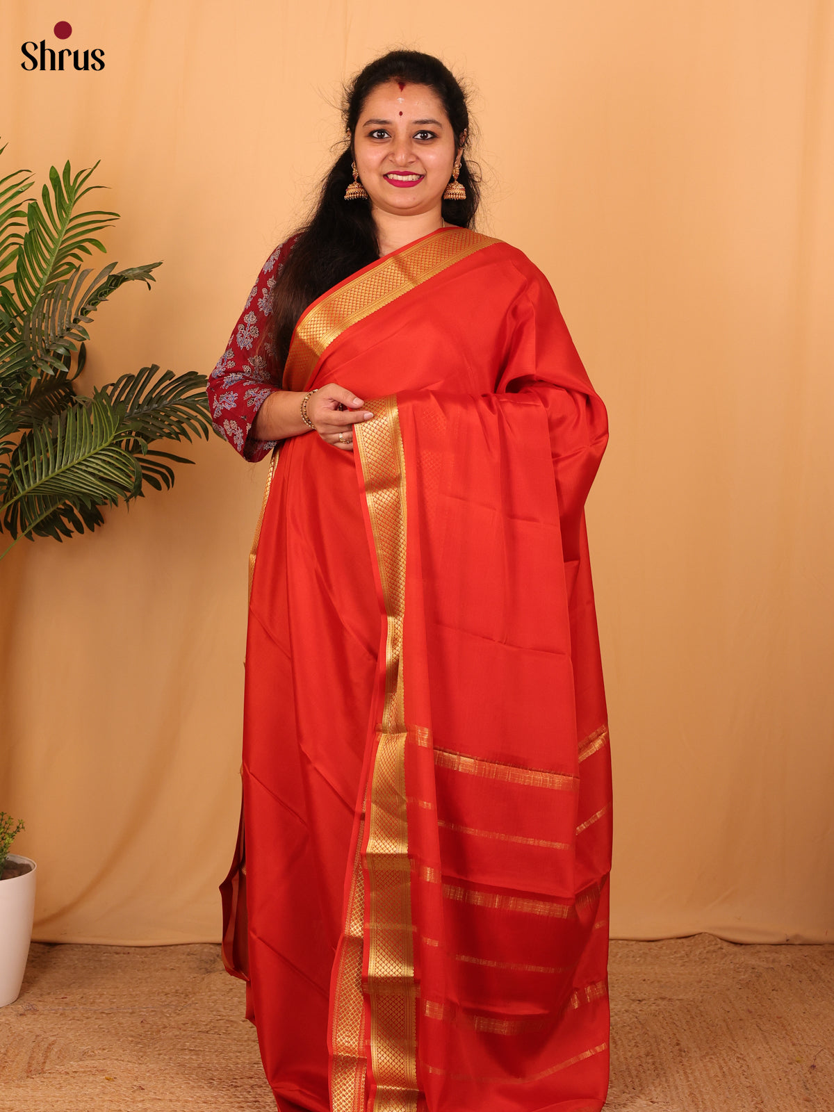Red(Single Tone) - Mysore Silk Saree - Shop on Shrus.com
