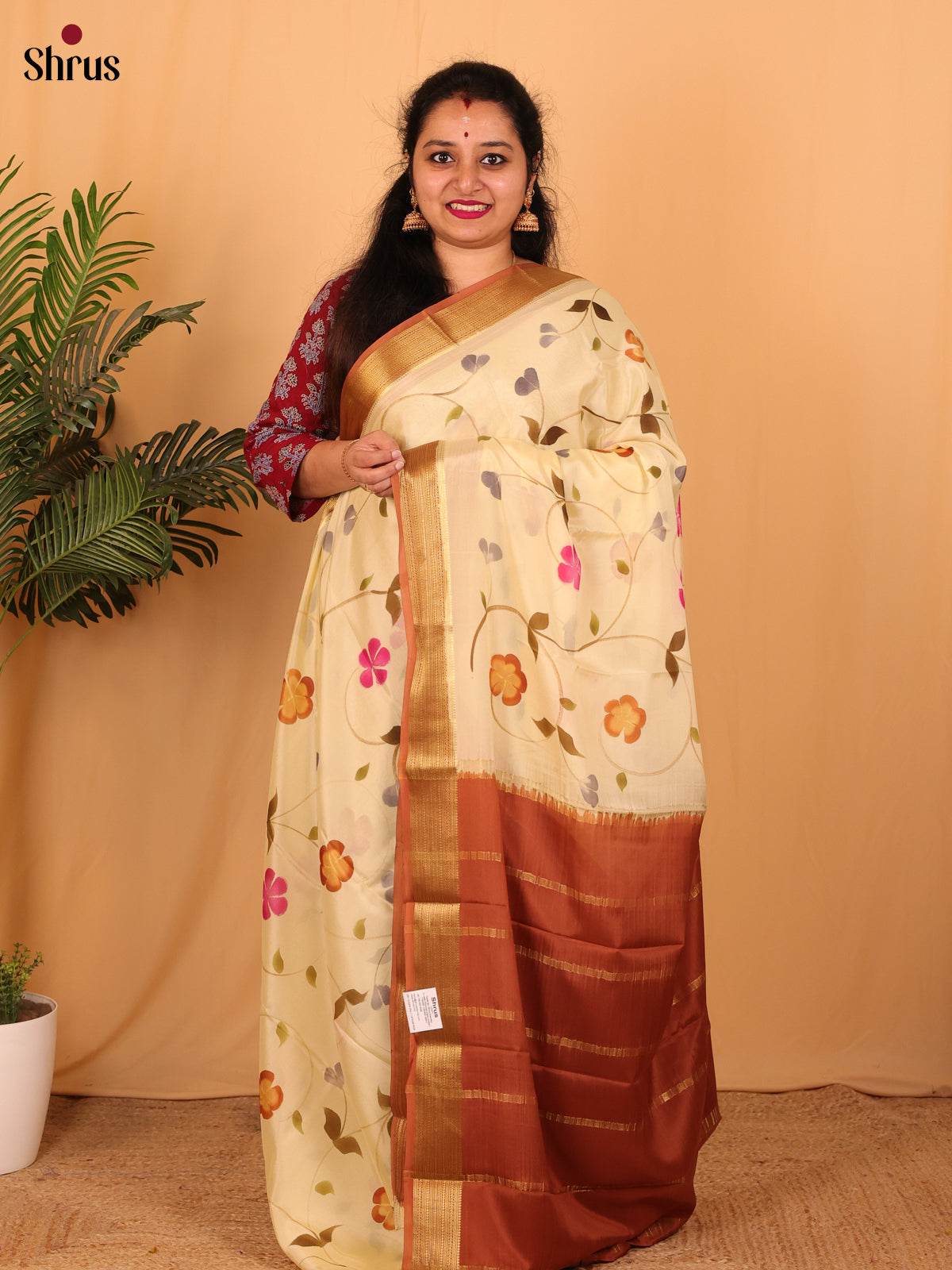 Cream & Brick- Mysore Silk Saree - Shop on Shrus.com