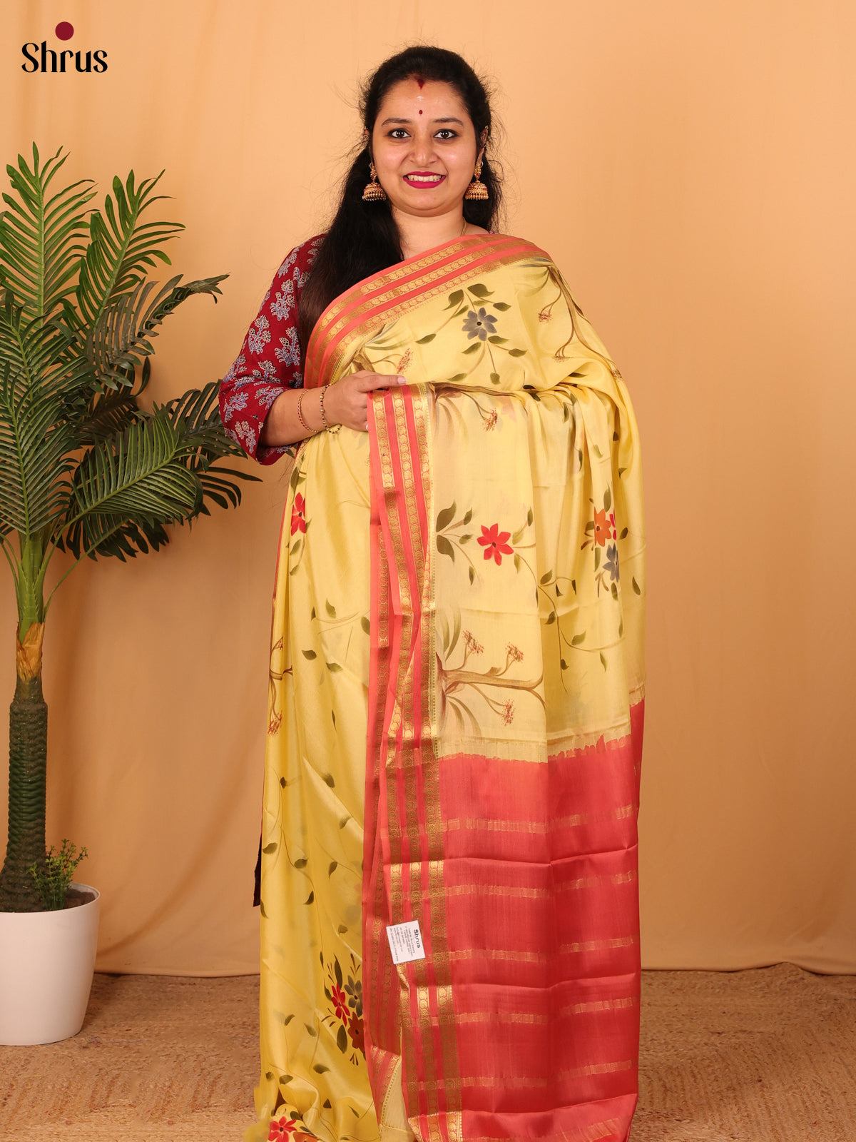 Pastel Yellow & Orangish Pink - Mysore Silk Saree - Shop on Shrus.com