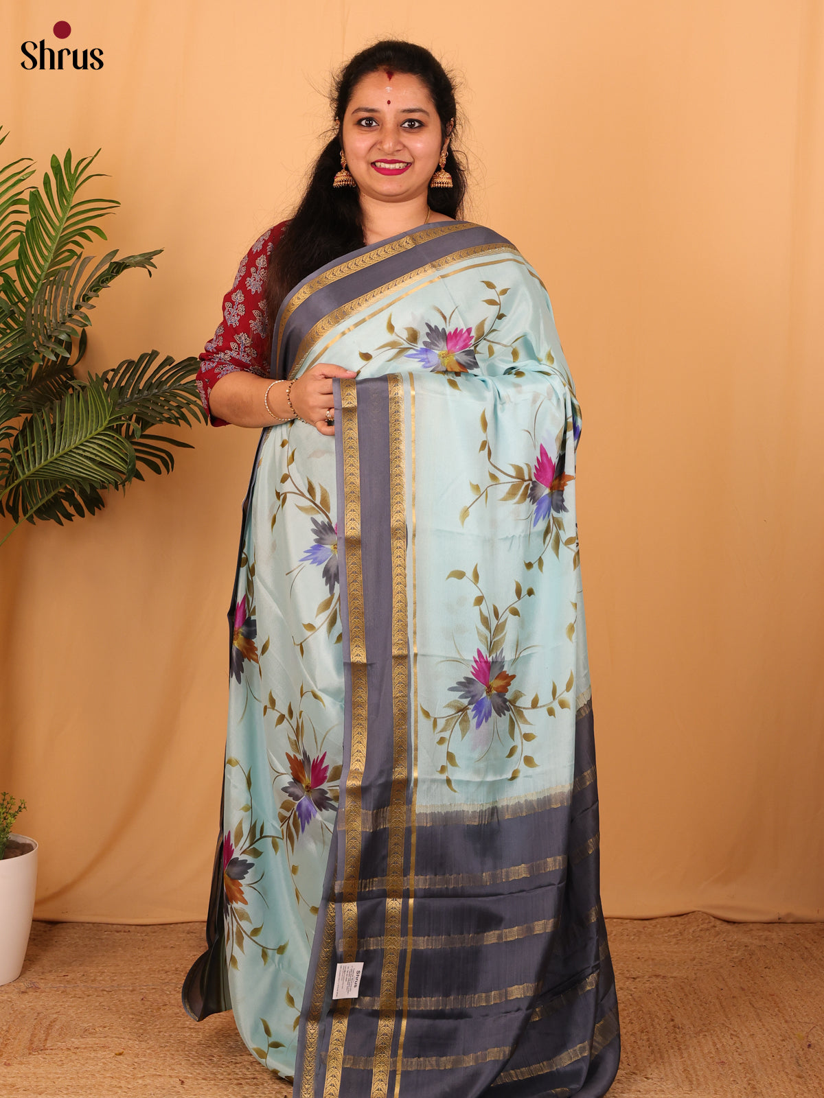 Pastel Blue & Grey- Mysore Silk Saree - Shop on Shrus.com