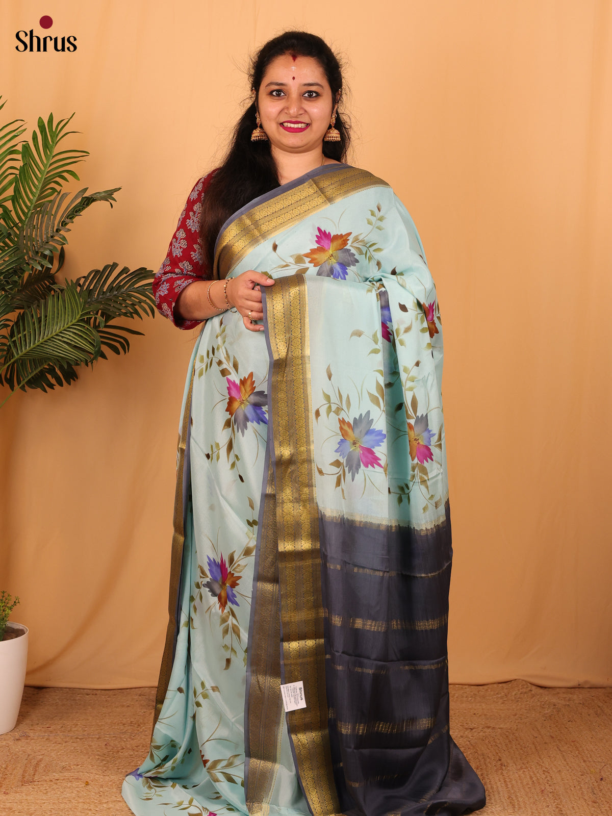 Pastel Blue & Grey - Mysore Silk Saree - Shop on Shrus.com