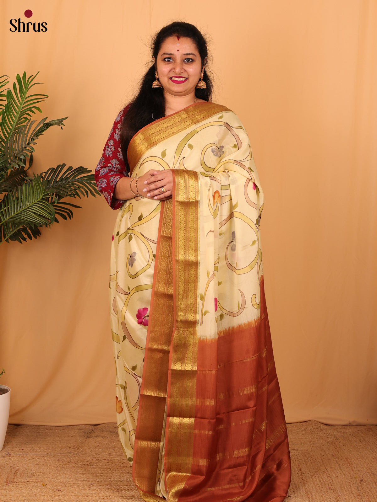 Cream & brick - Mysore Silk Saree - Shop on Shrus.com