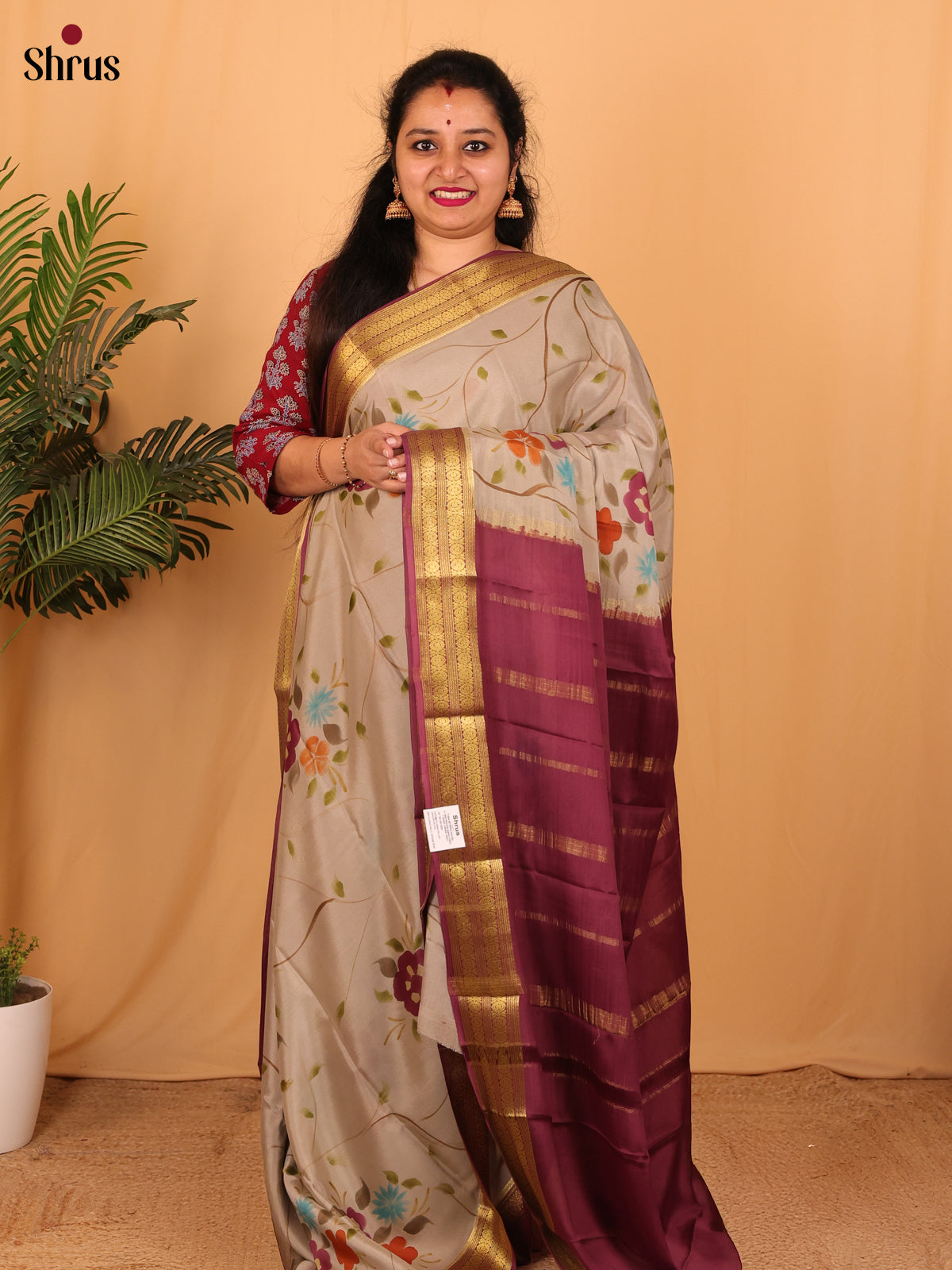 Grey & Maroon - Mysore Silk Saree - Shop on Shrus.com