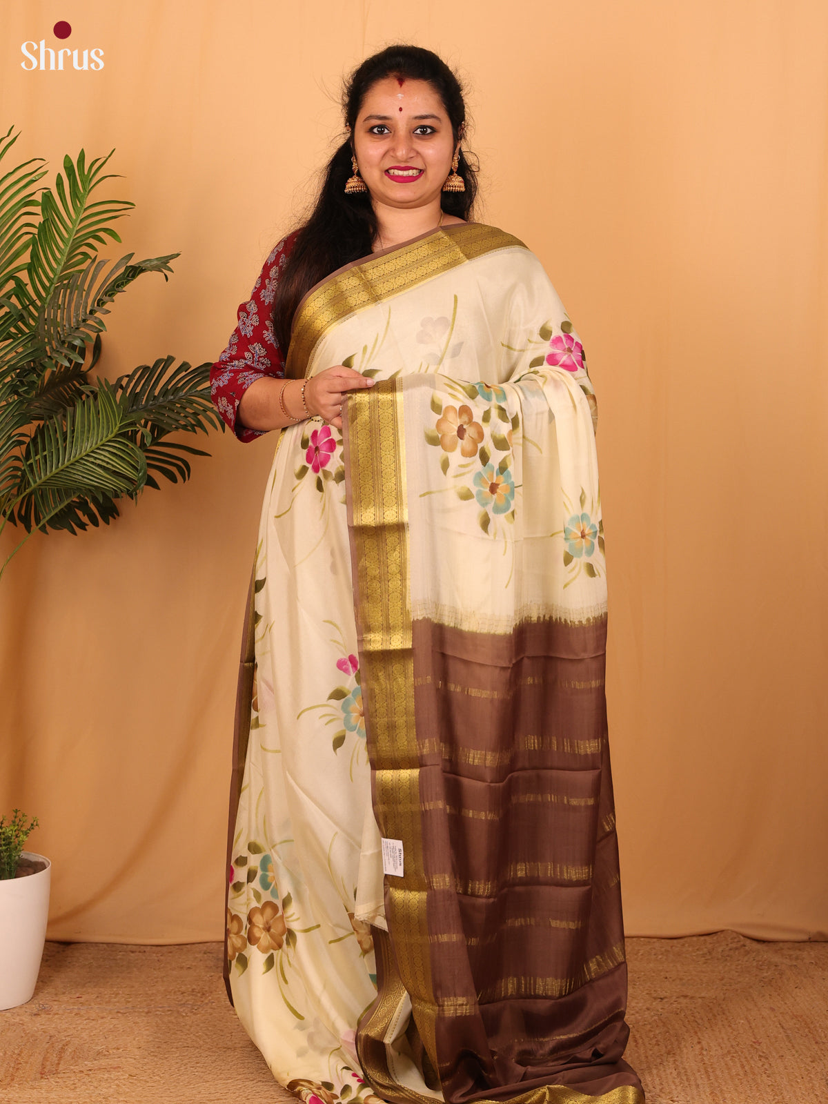 Cream & Brown - Mysore Silk Saree - Shop on Shrus.com