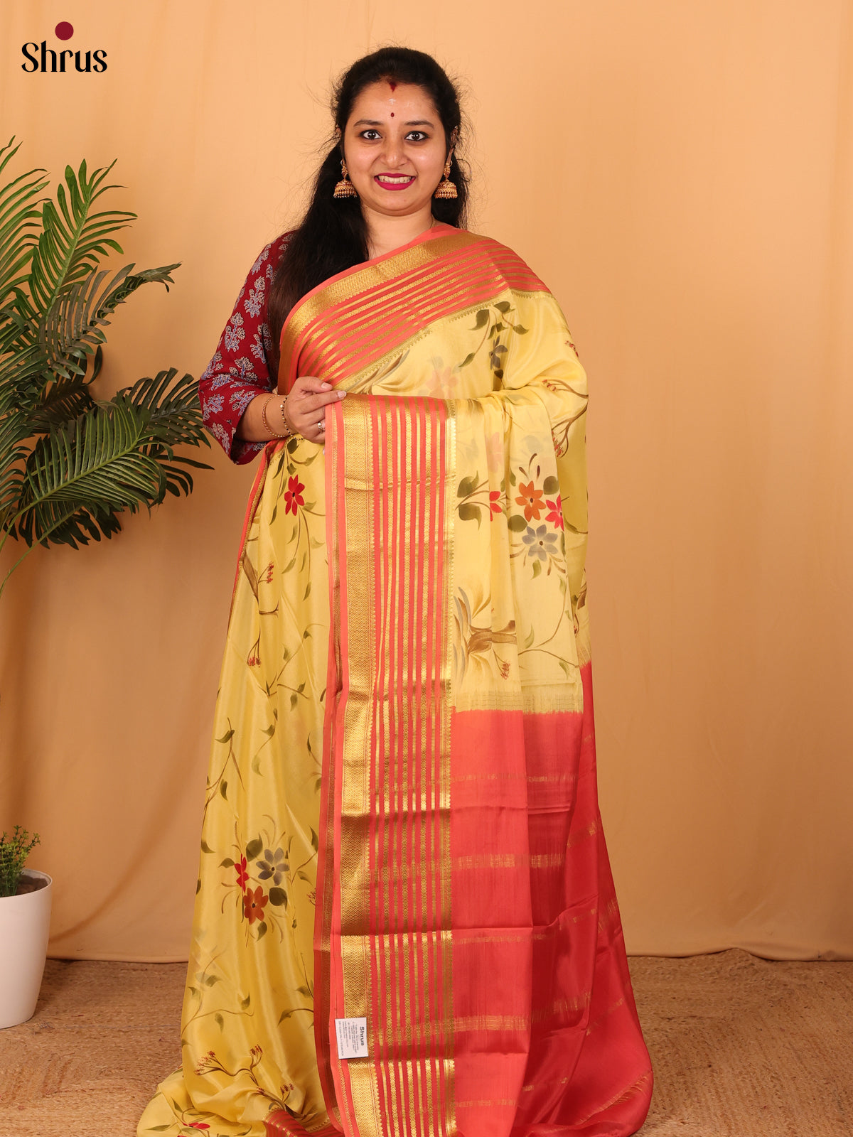 Pastel Yellow & Orangish Pink - Mysore Silk Saree - Shop on Shrus.com