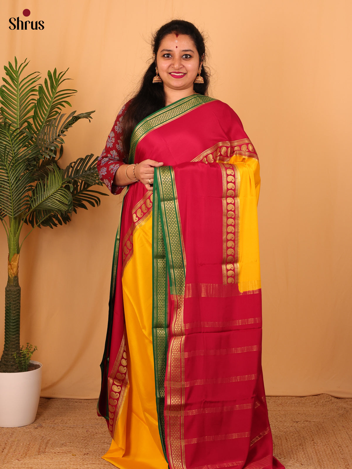 Yellow & Red - Mysore Silk Saree - Shop on Shrus.com