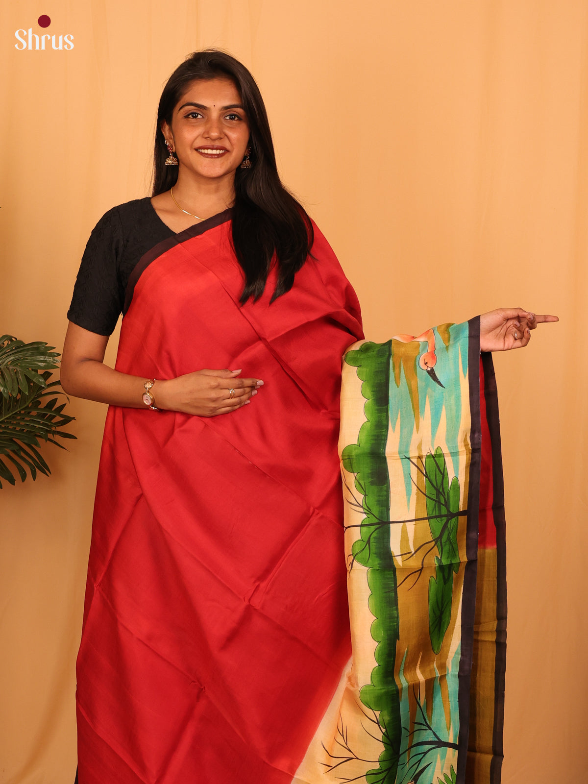 Red & Mustard - Murshidabad Silk Saree-1