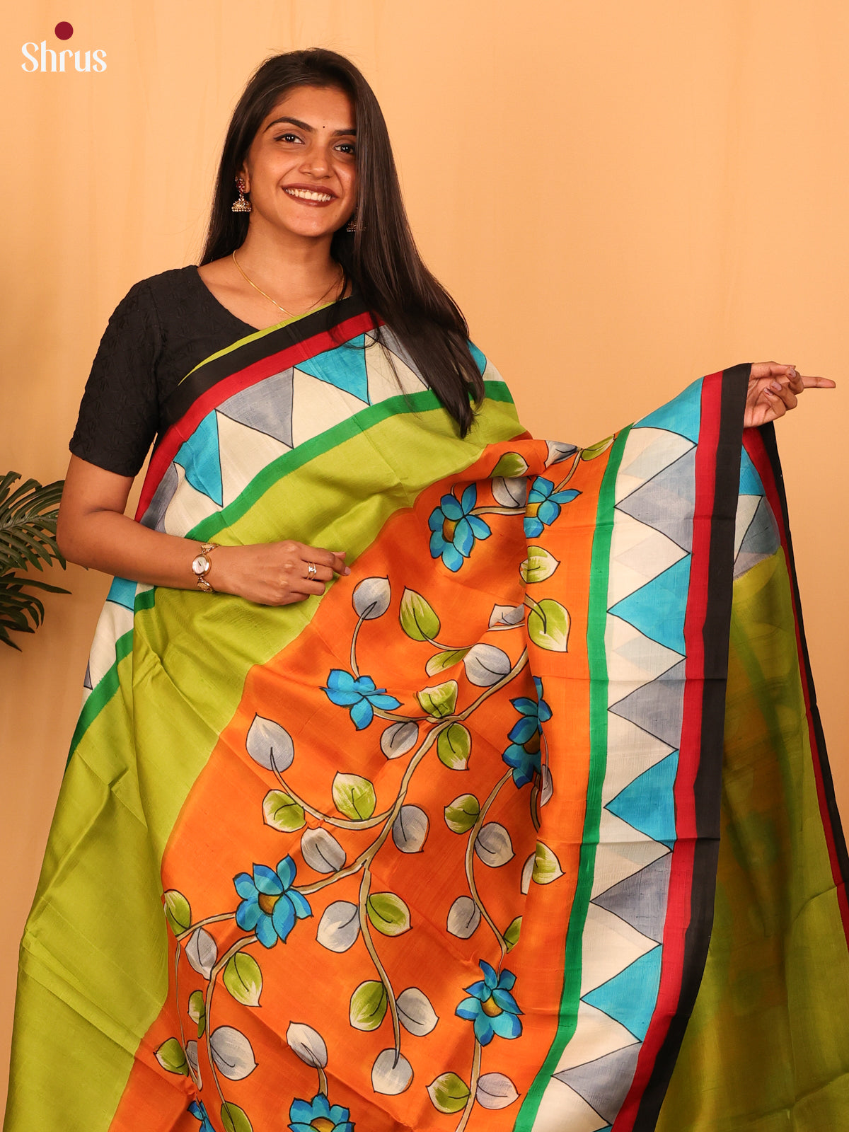 Orange & Green - Murshidabad Silk Saree - Shop on Shrus.com