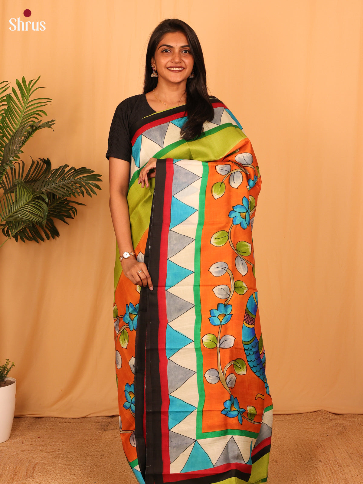 Orange & Green - Murshidabad Silk Saree - Shop on Shrus.com