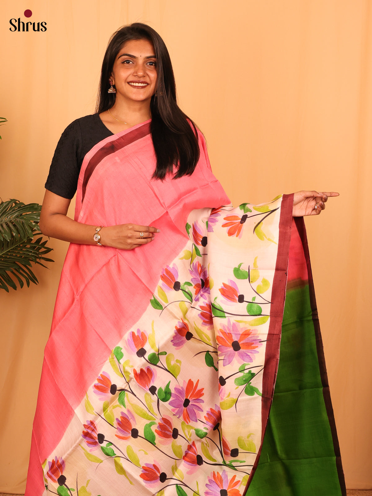 Pink & Cream - Murshidabad Silk Saree - Shop on Shrus.com