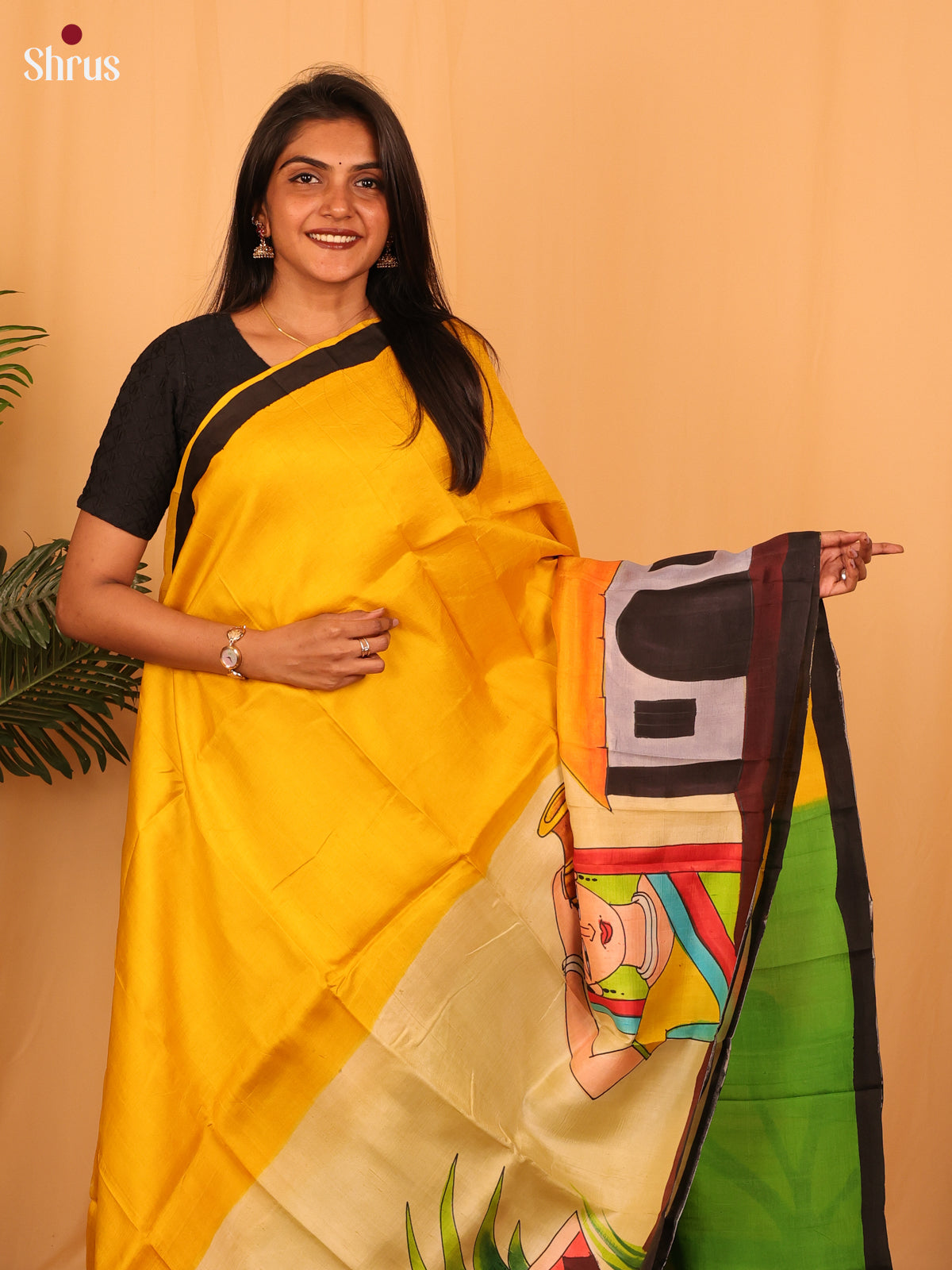 Yellow & Green- Murshidabad Silk Saree - Shop on Shrus.com