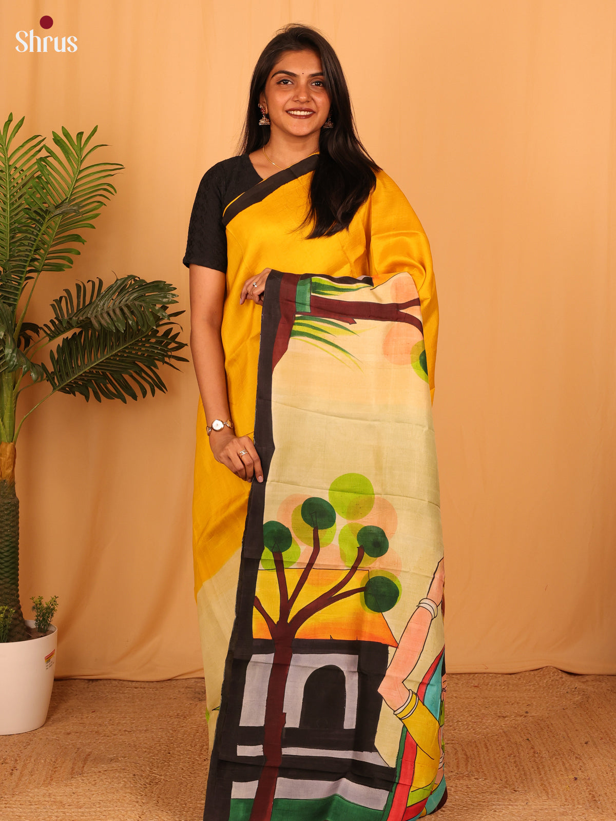 Yellow & Green- Murshidabad Silk Saree - Shop on Shrus.com