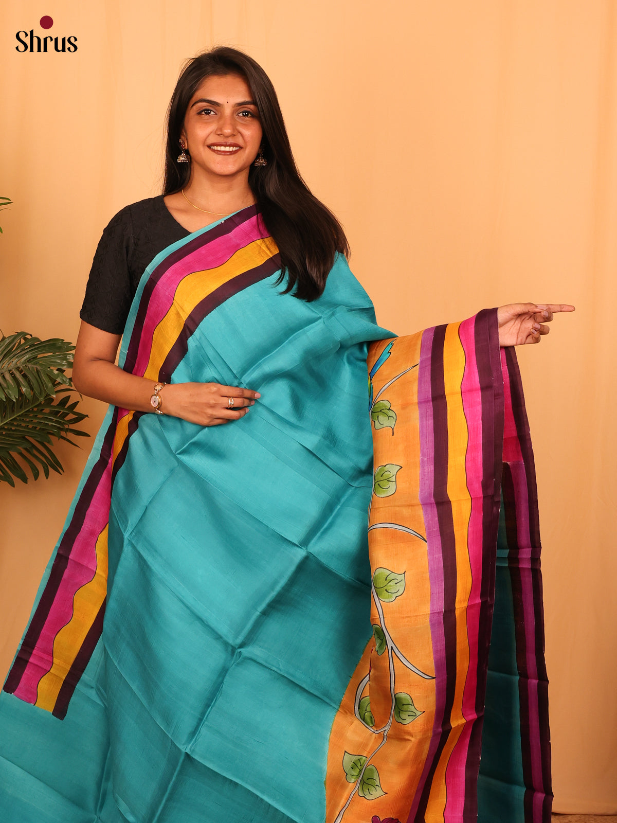 Blue & Orange - Murshidabad Silk Saree-1