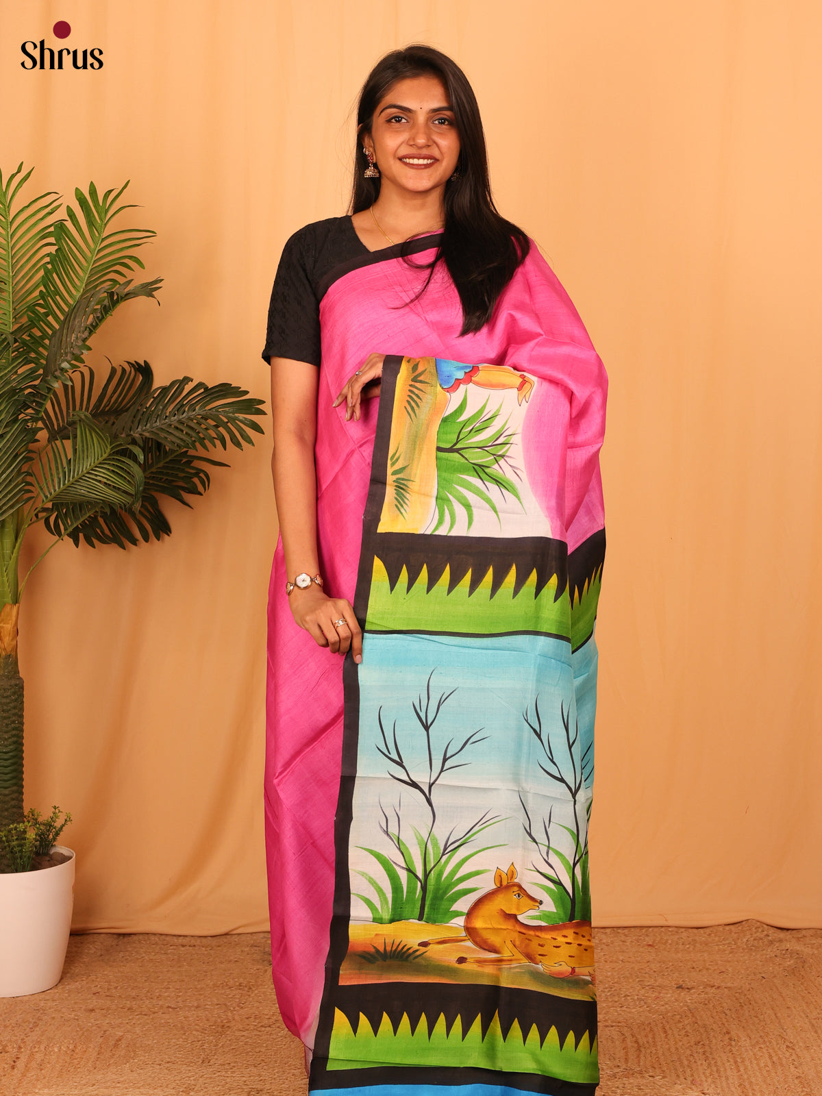 Pink & Blue - Murshidabad Silk Saree - Shop on Shrus.com