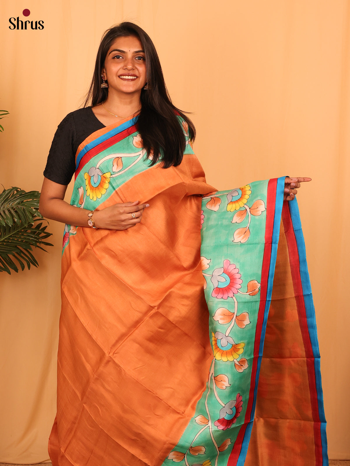 Orange & Teal - Murshidabad Silk Saree-1