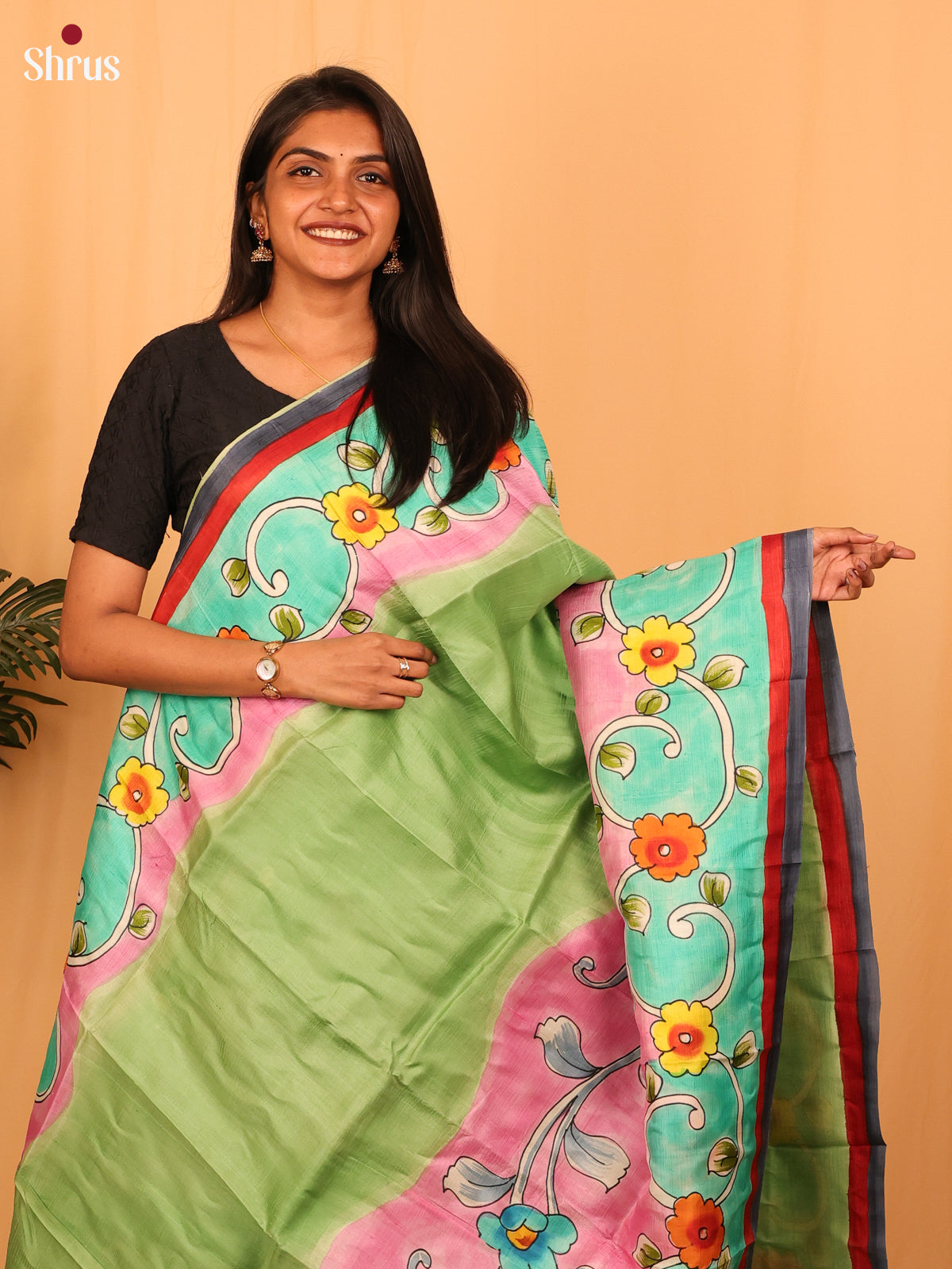 Pista green & Pink - Murshidabad Silk Saree - Shop on Shrus.com