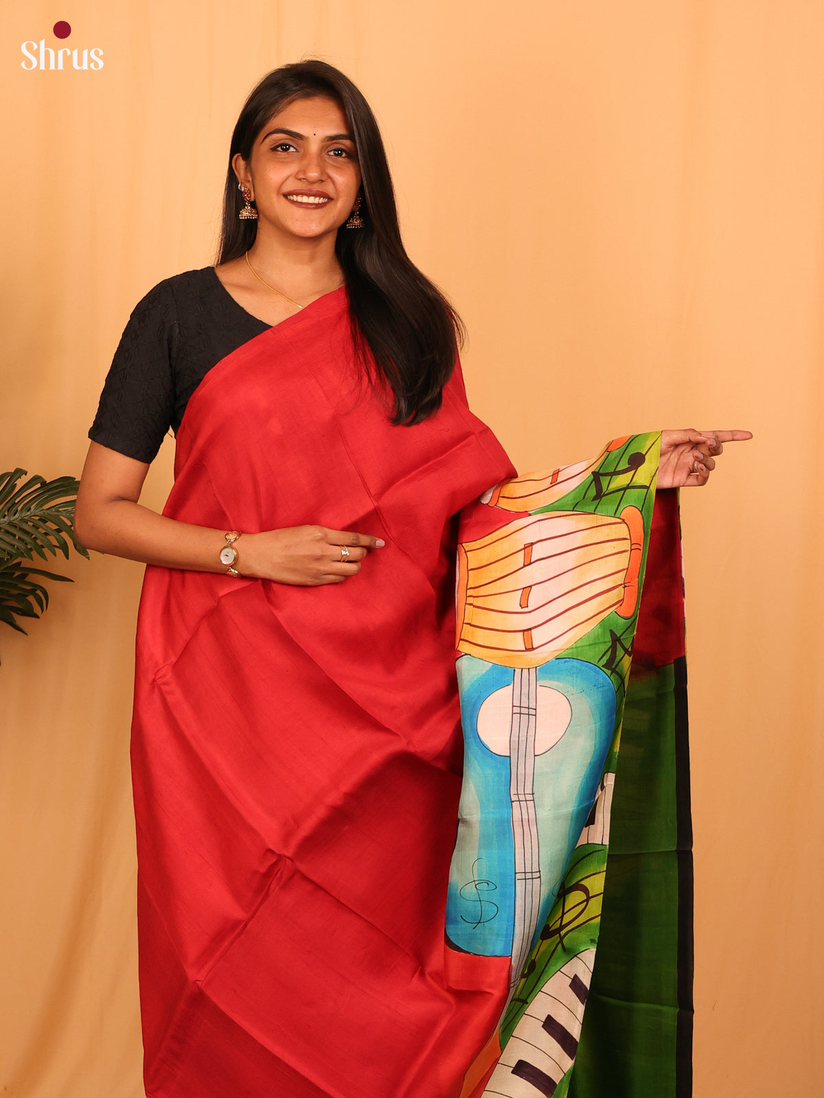 Red & Green - Murshidabad Silk Saree-1