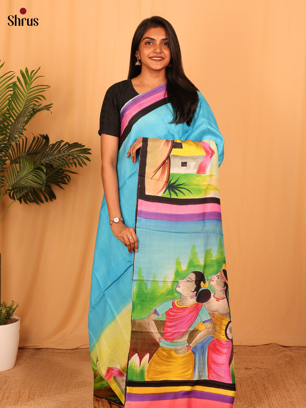 Blue & Pink - Murshidabad Silk Saree