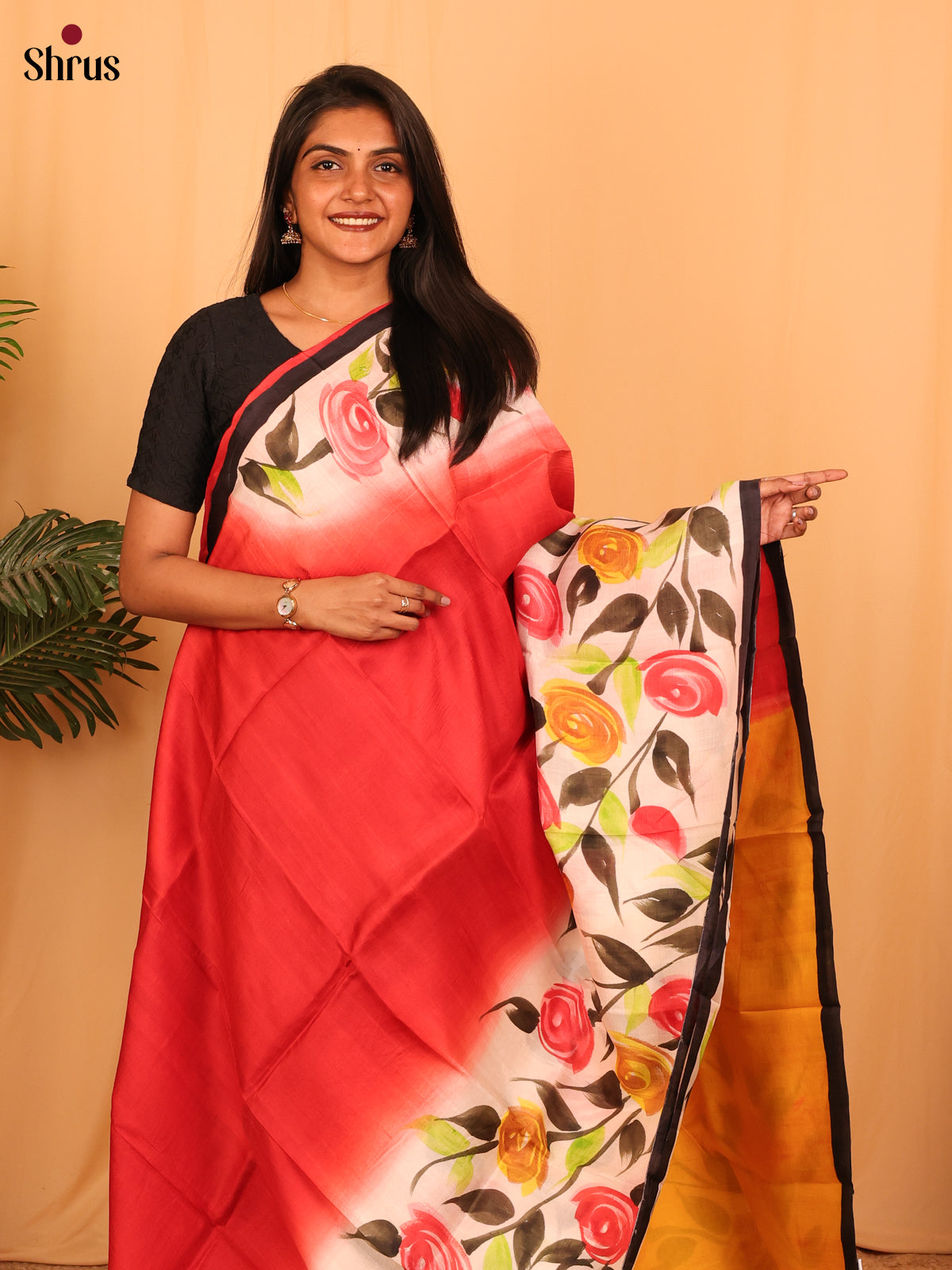 Red & Yellow - Murshidabad Silk Saree - Shop on Shrus.com