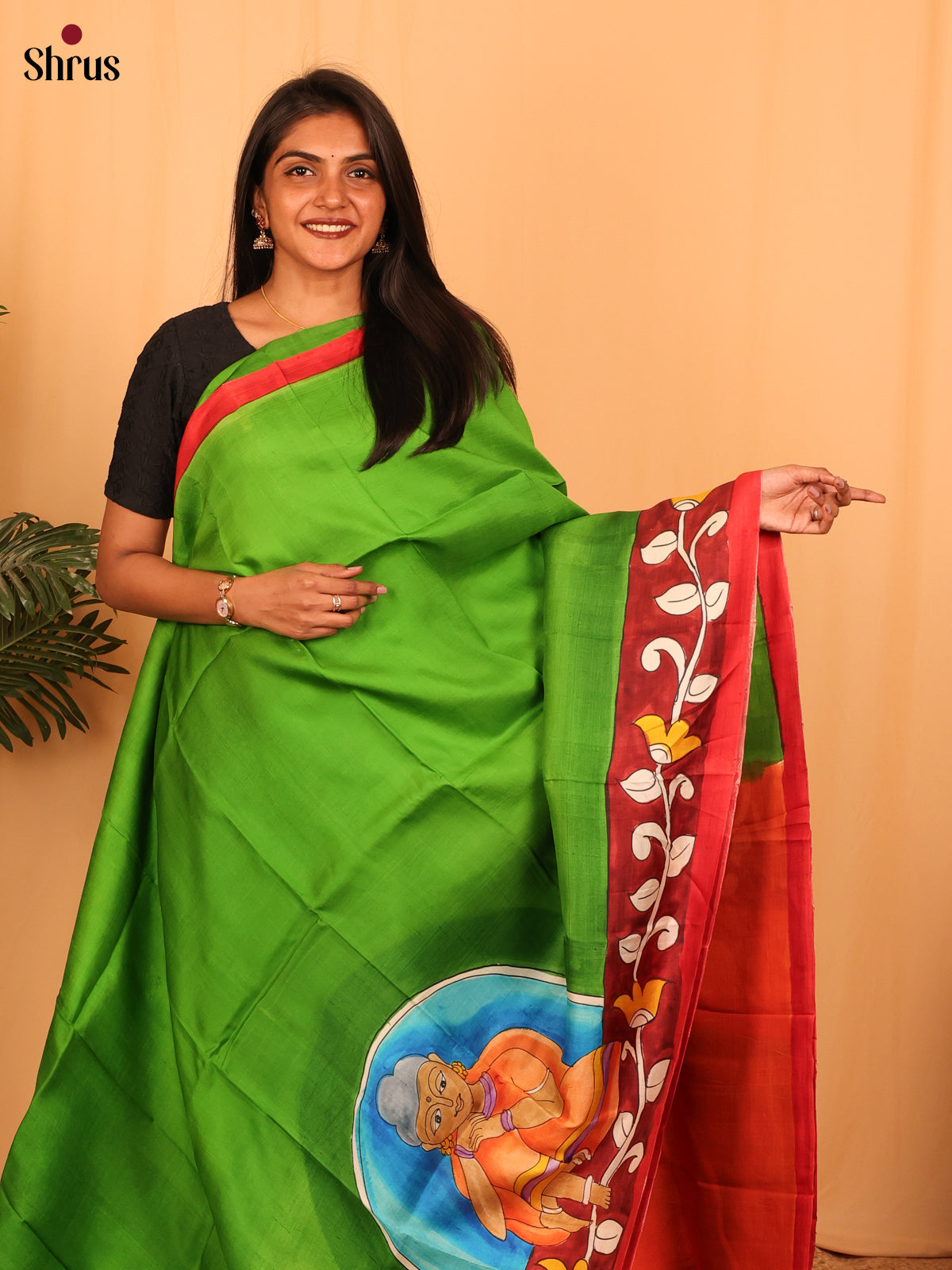 Green & Orange - Murshidabad Silk Saree-1