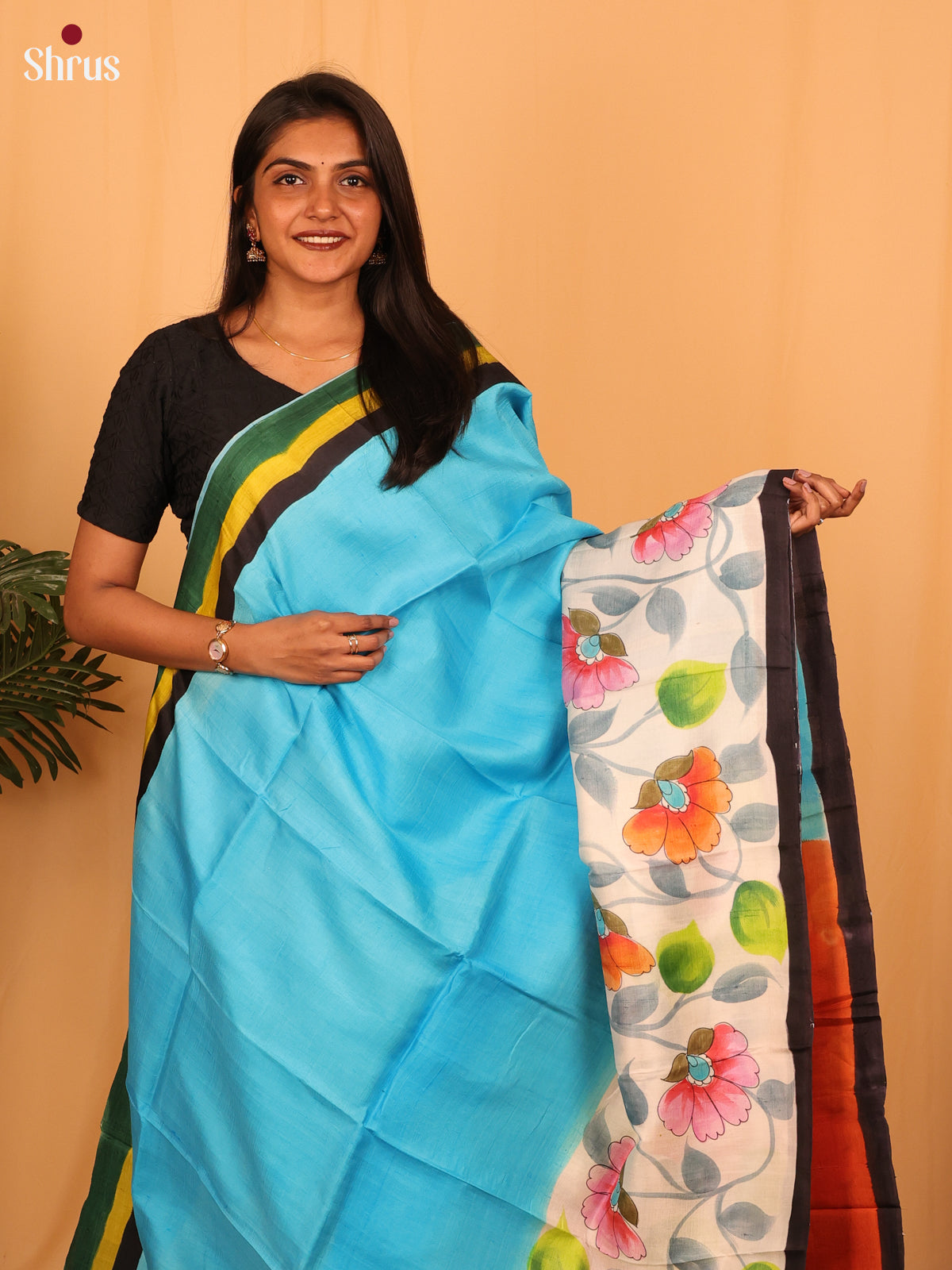 Blue & Red - Murshidabad Silk Saree - Shop on Shrus.com