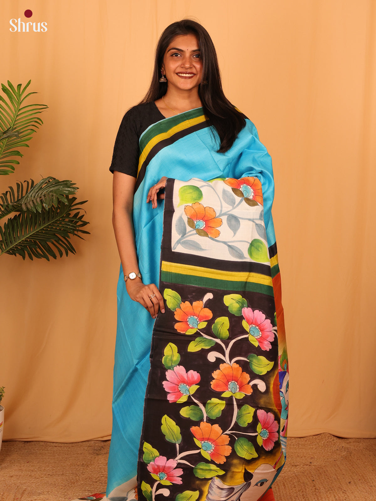 Blue & Red - Murshidabad Silk Saree - Shop on Shrus.com