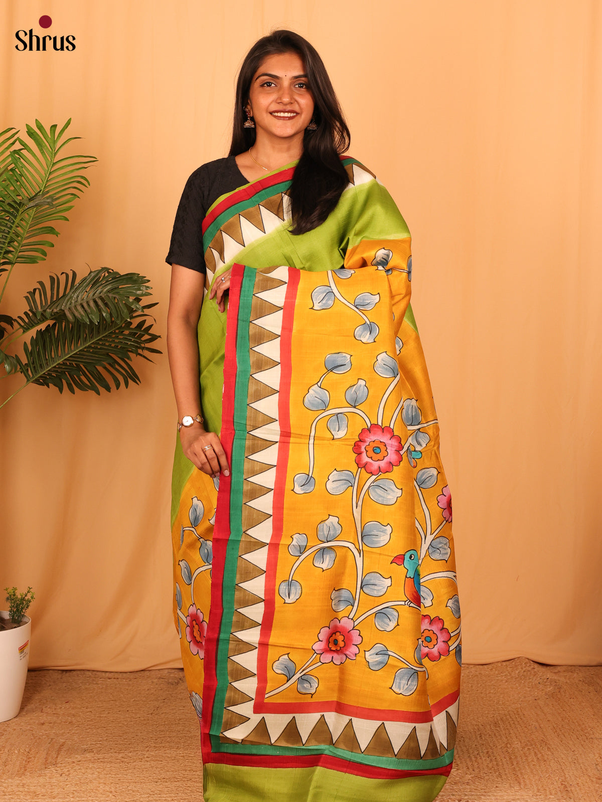 Green & Orange - Murshidabad Silk Saree - Shop on Shrus.com