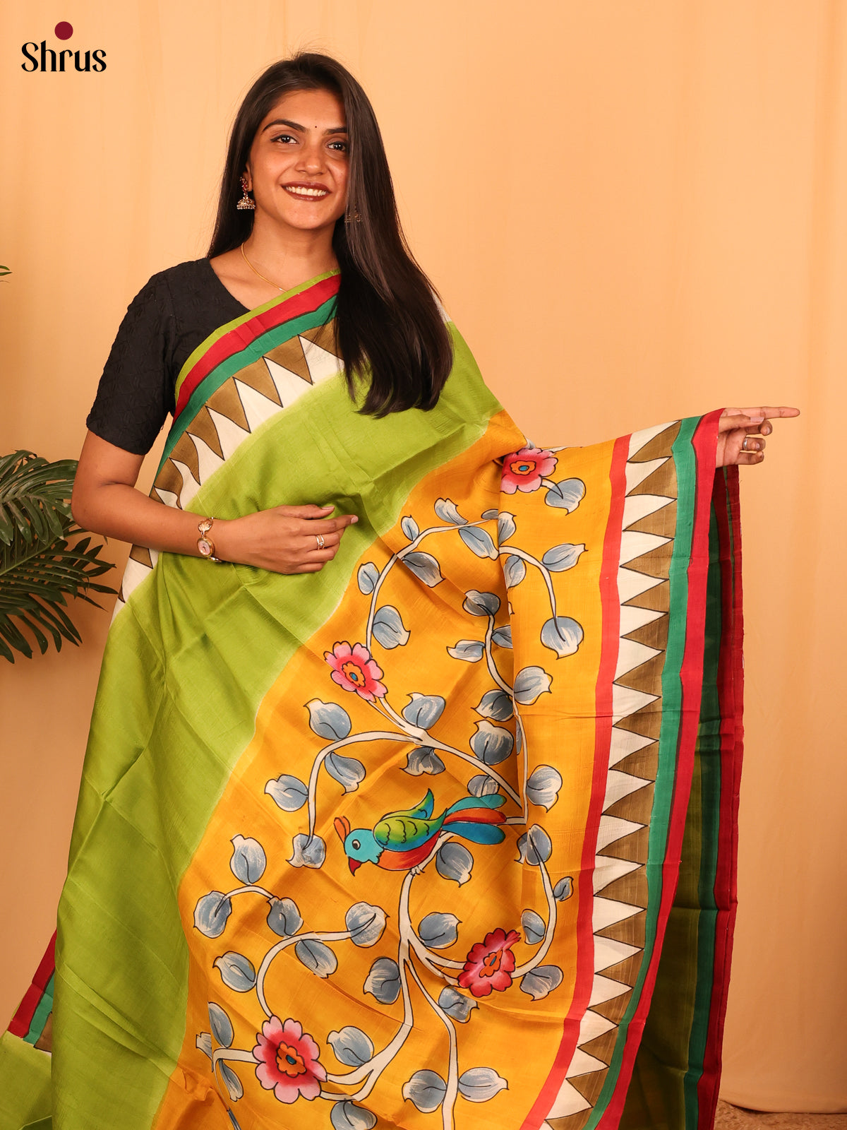 Green & Orange - Murshidabad Silk Saree - Shop on Shrus.com