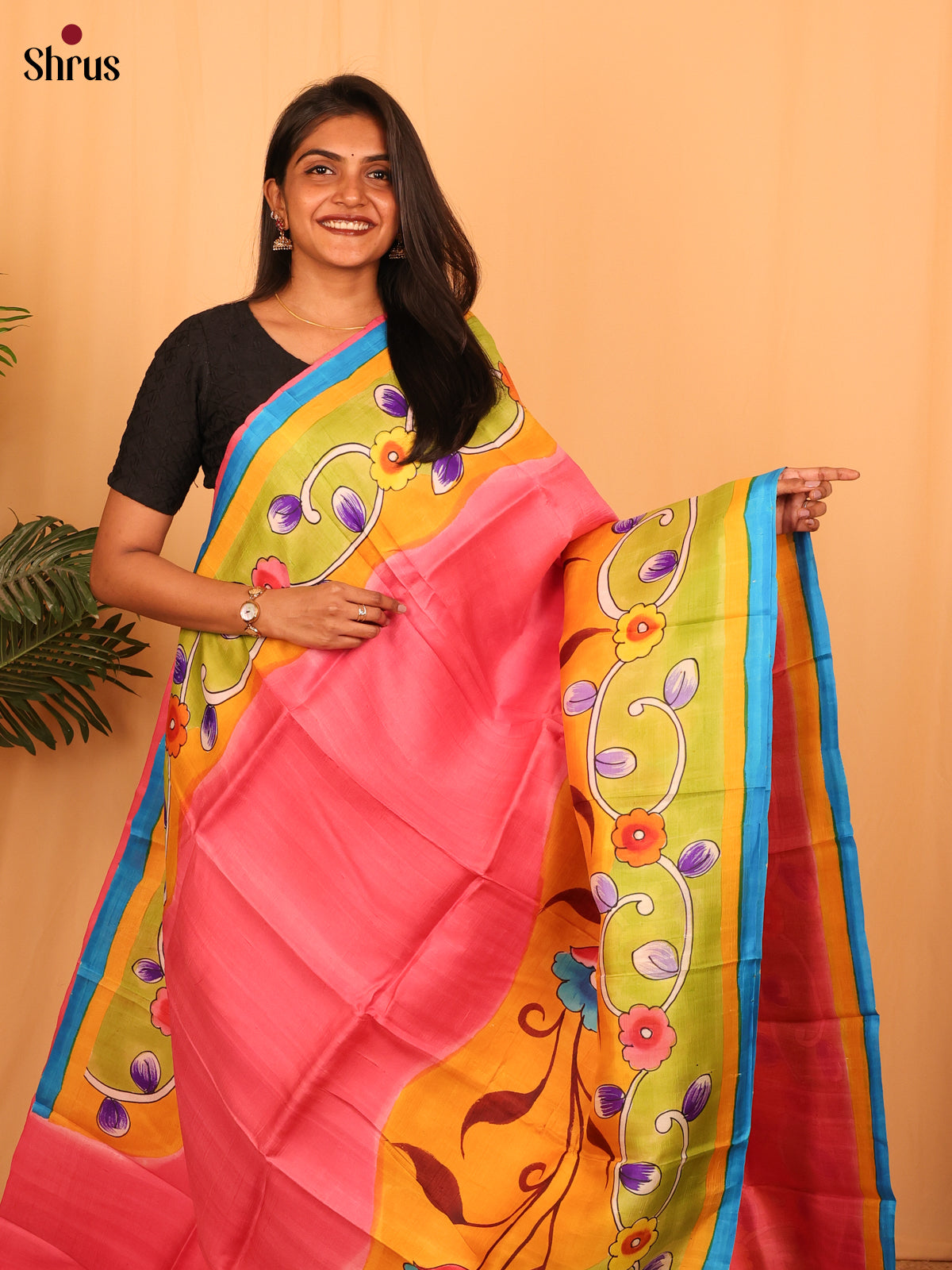 Pink & Yellow- Murshidabad Silk Saree-1