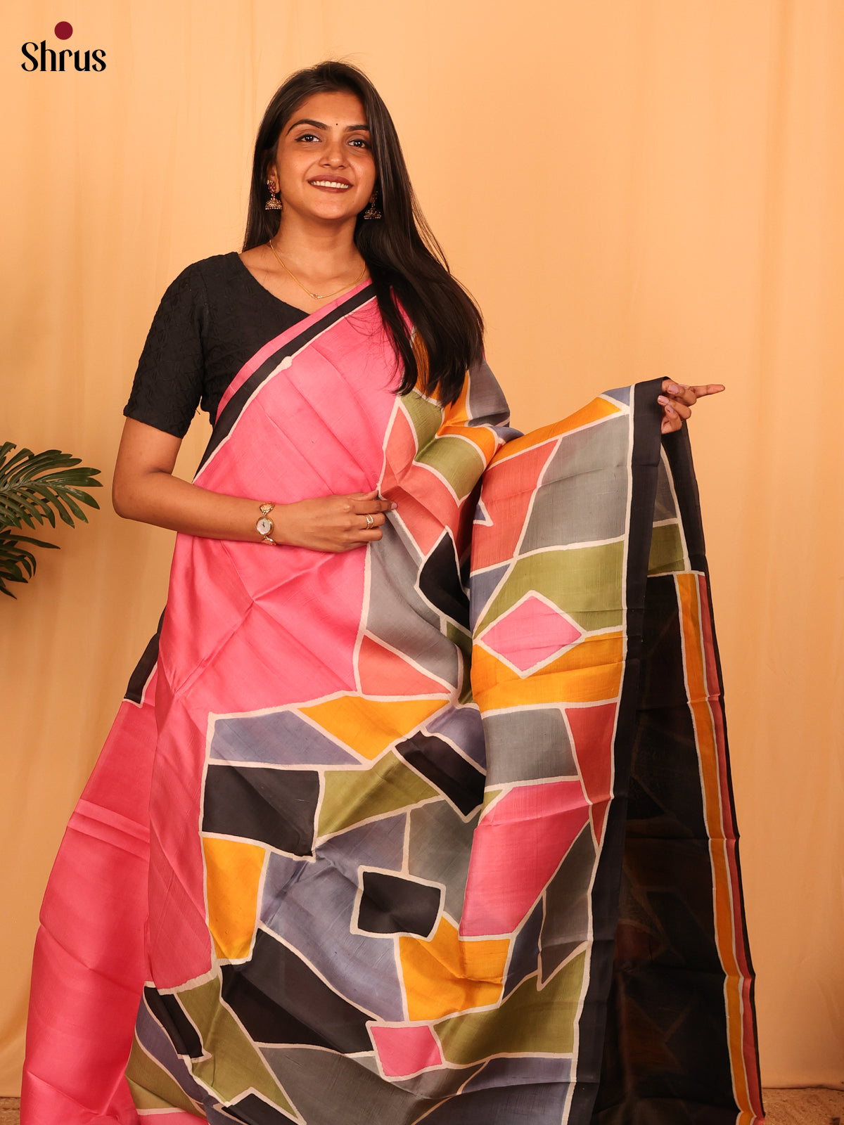 Pink & Black - Murshidabad Silk Saree - Shop on Shrus.com