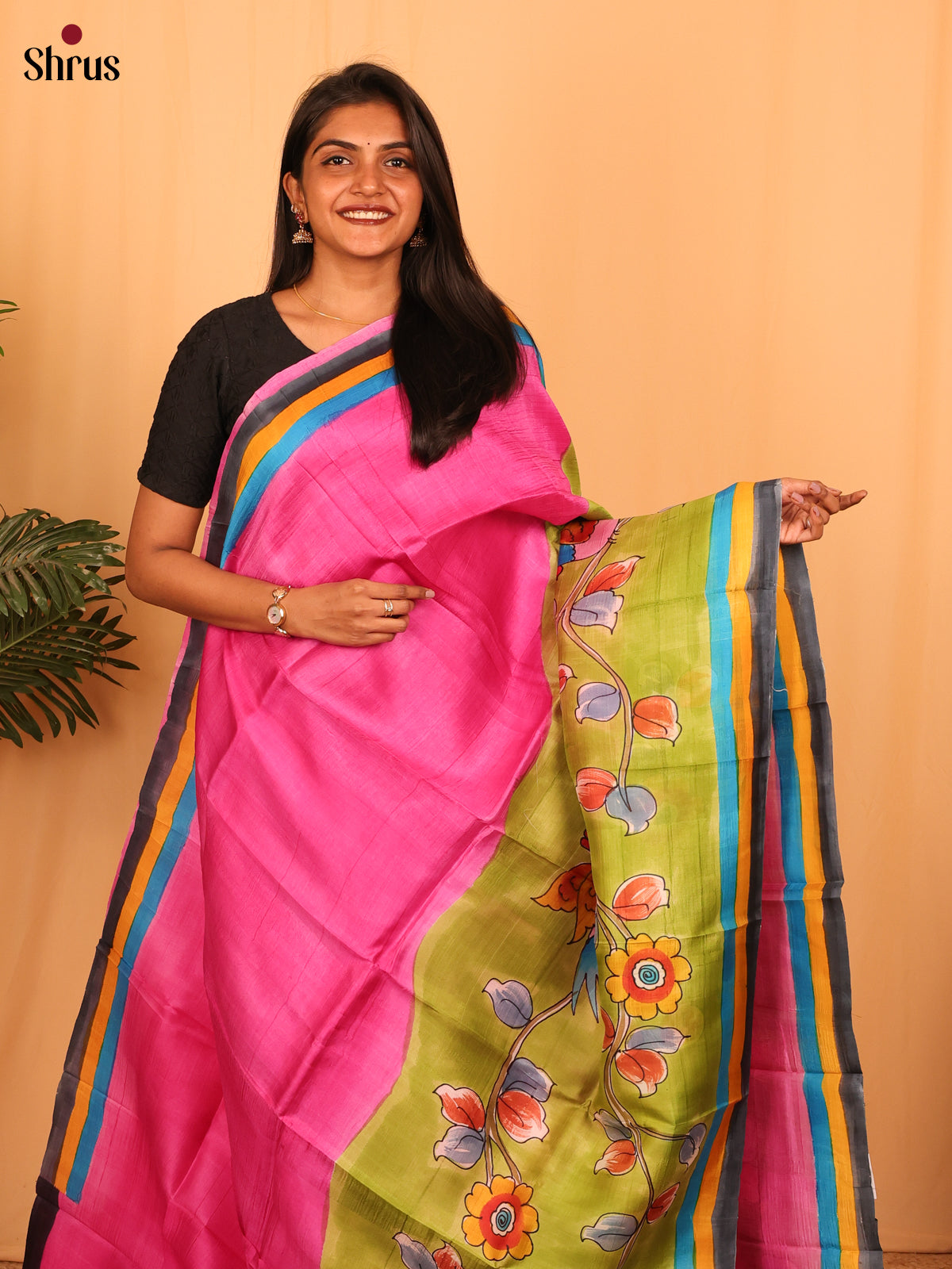Pink & Green- Murshidabad Silk Saree-1