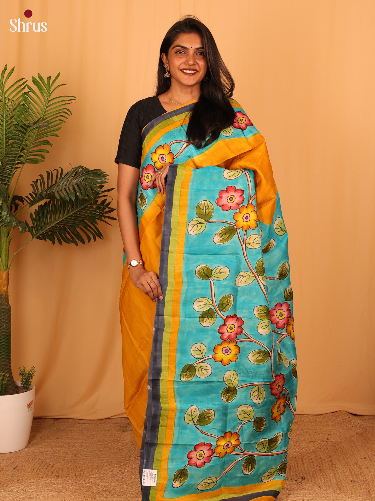 Mustard & Blue- Murshidabad Silk Saree - Shop on Shrus.com