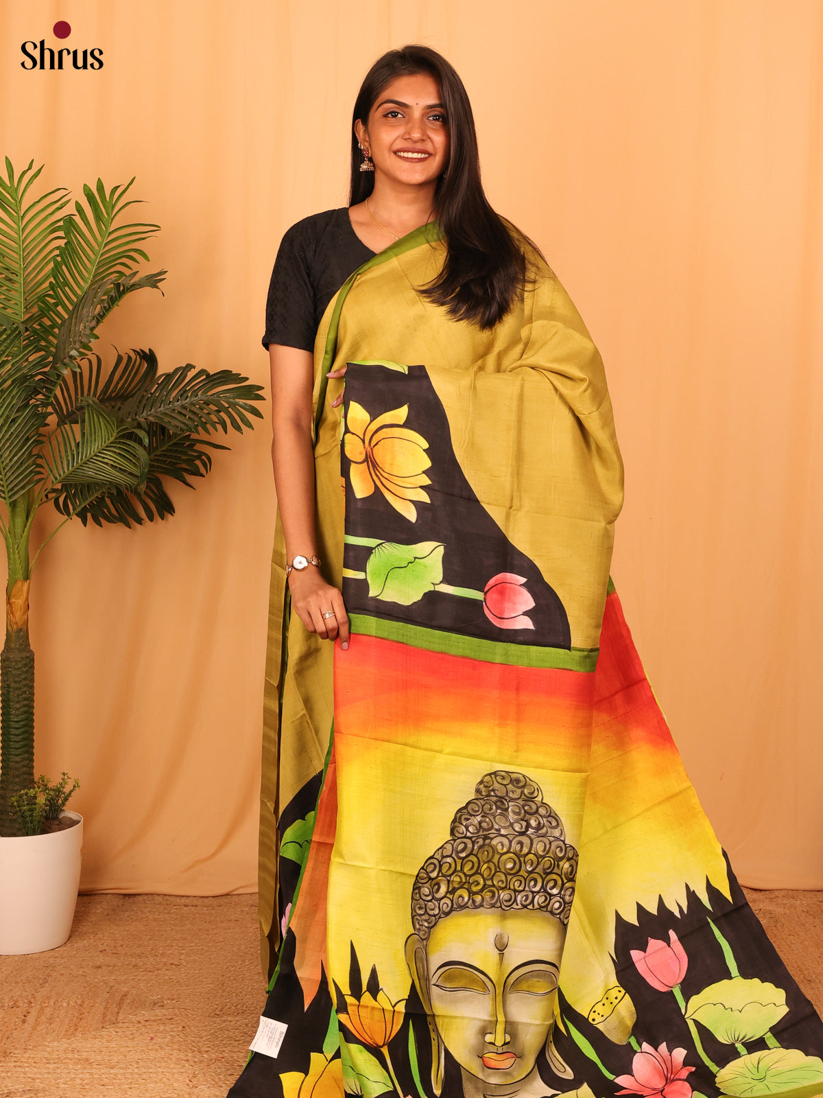 Mustardy Green & Black - Murshidabad Silk Saree - Shop on Shrus.com