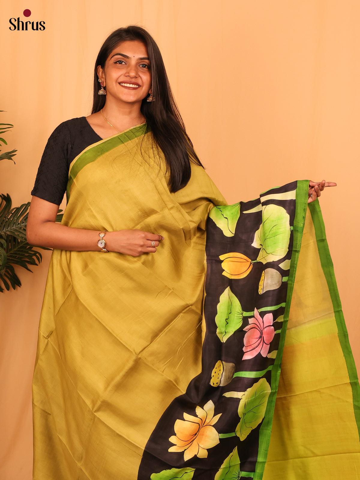 Mustardy Green & Black - Murshidabad Silk Saree - Shop on Shrus.com
