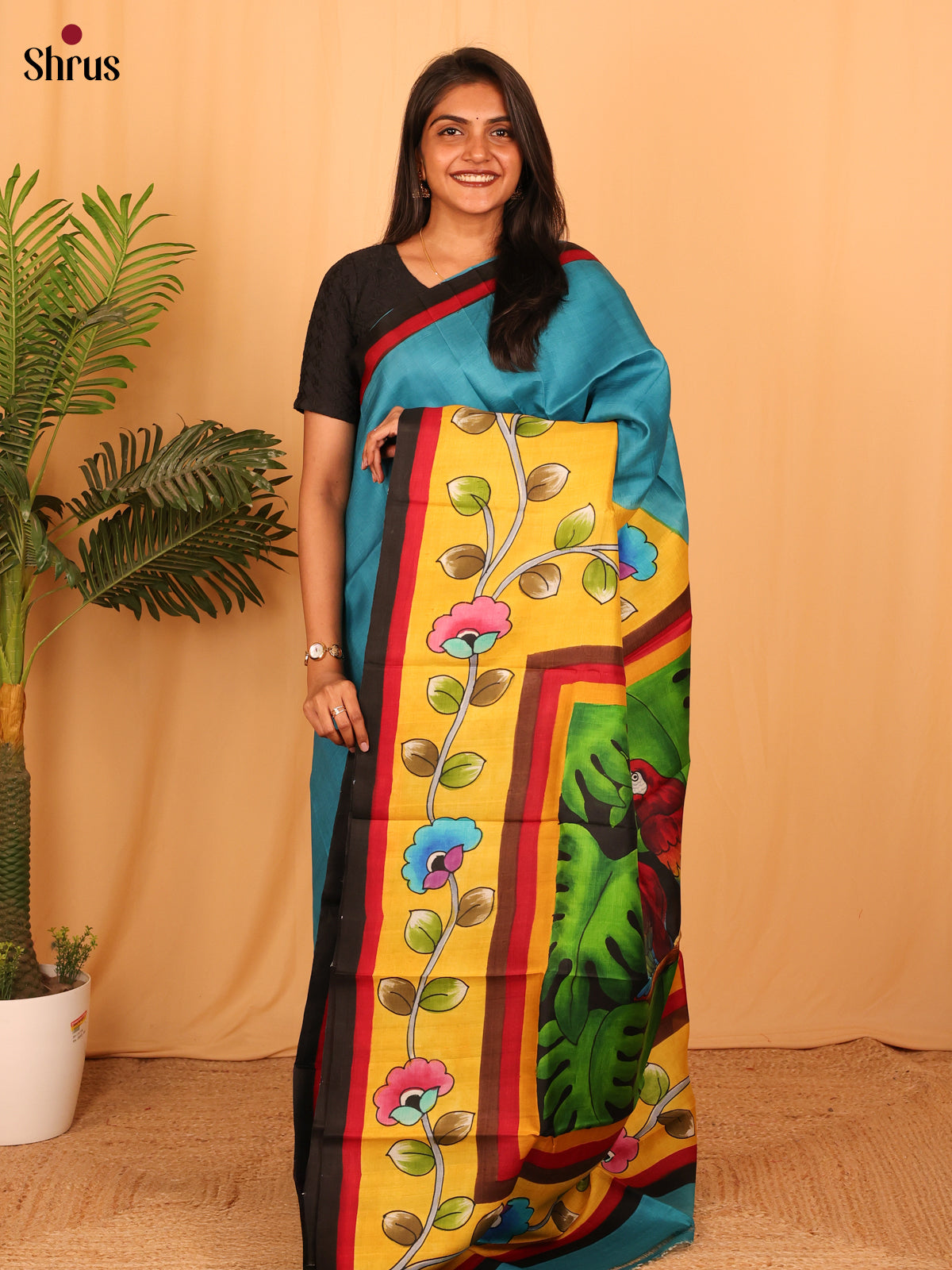 Blue & Yellow - Murshidabad Silk Saree - Shop on Shrus.com